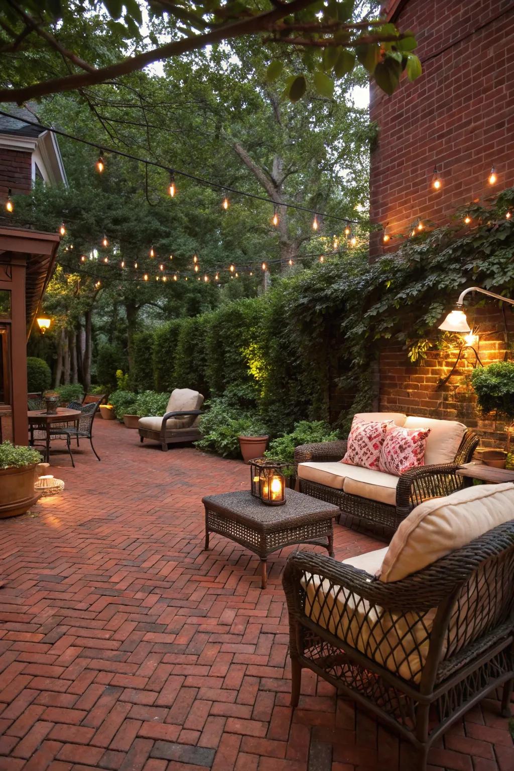 Warm red tones create a cozy and inviting patio atmosphere.