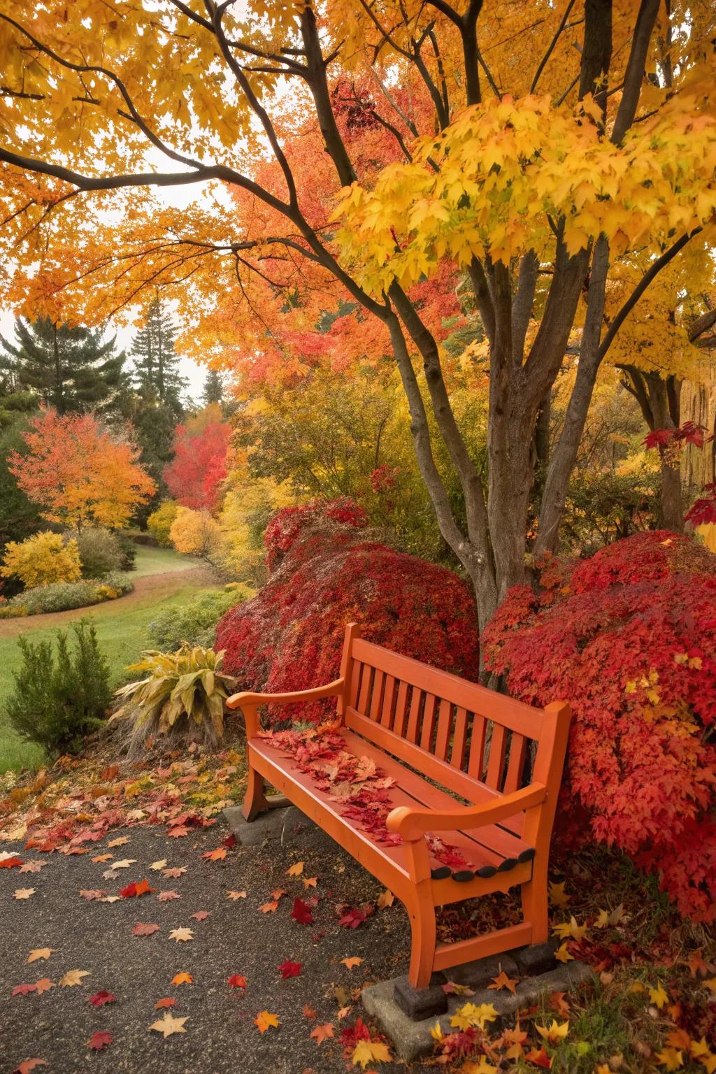 An autumn-themed bench that complements the seasonal landscape.