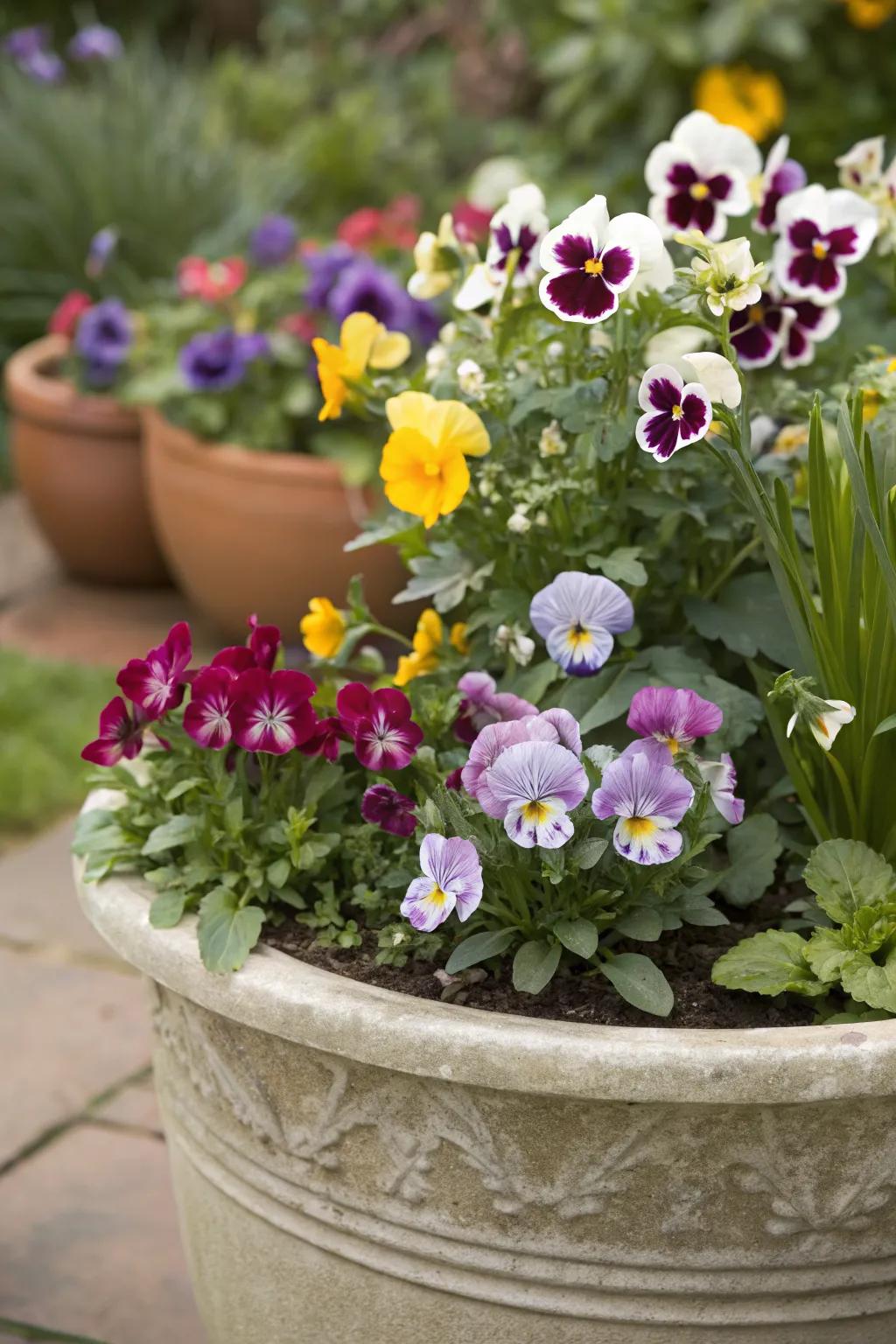 Mixing pansies with other flowers creates a vibrant display.