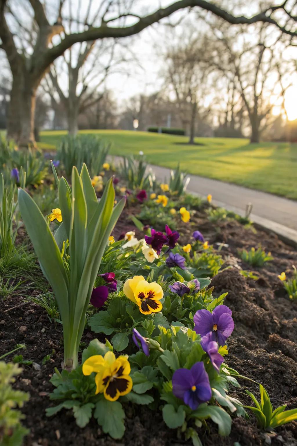 Pansies with spring bulbs for continuous seasonal color.