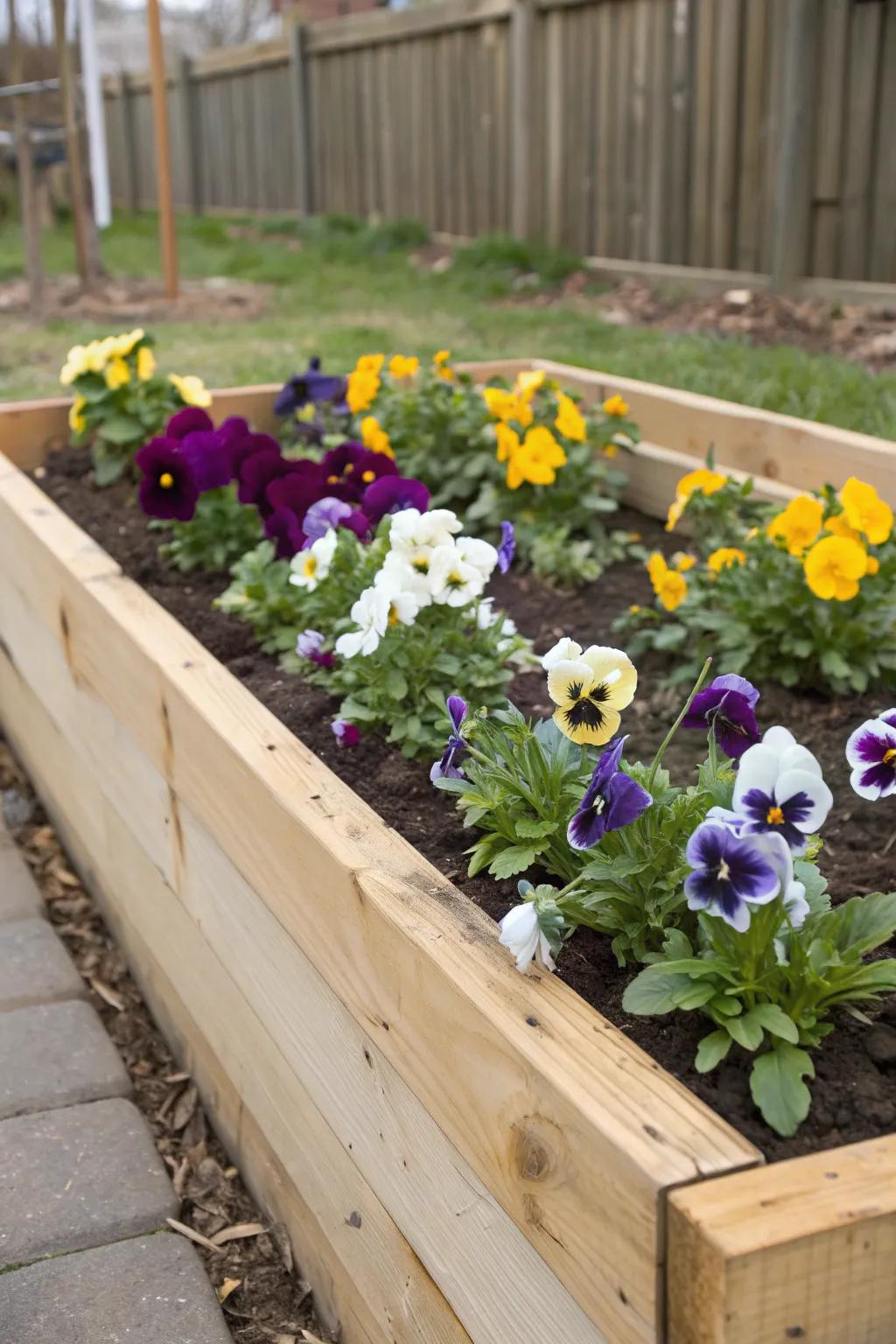 A DIY raised bed brimming with vibrant pansies.