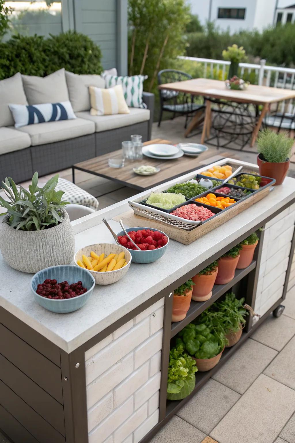 An interactive food station on the patio, inviting guests to create their own culinary delights.