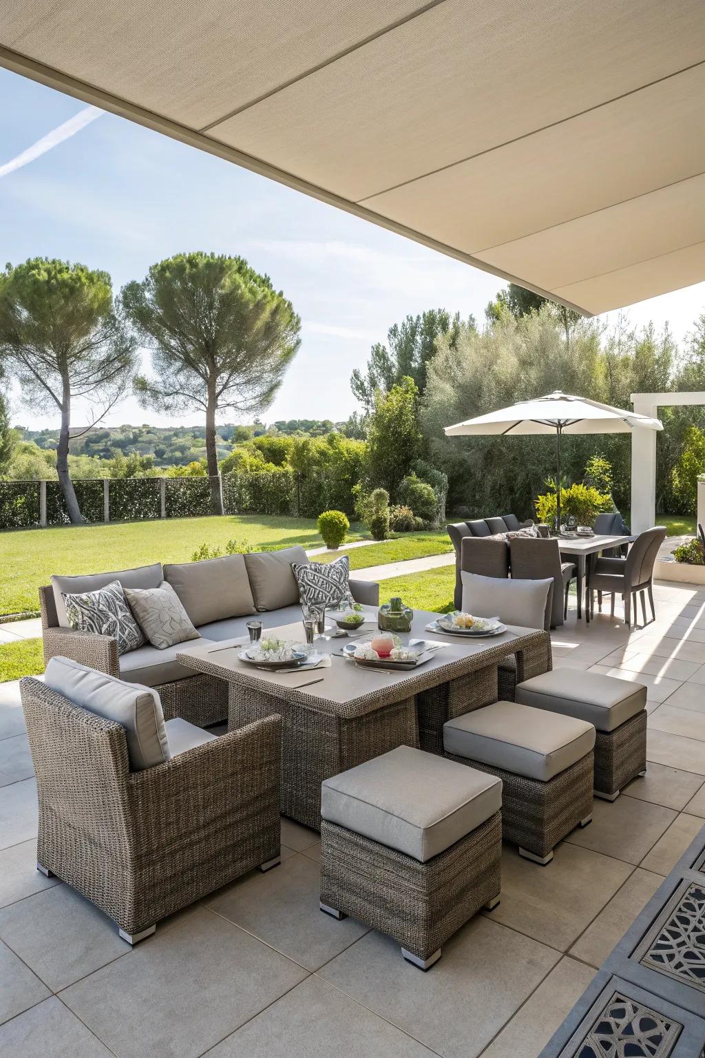 A patio featuring multifunctional modular furniture.