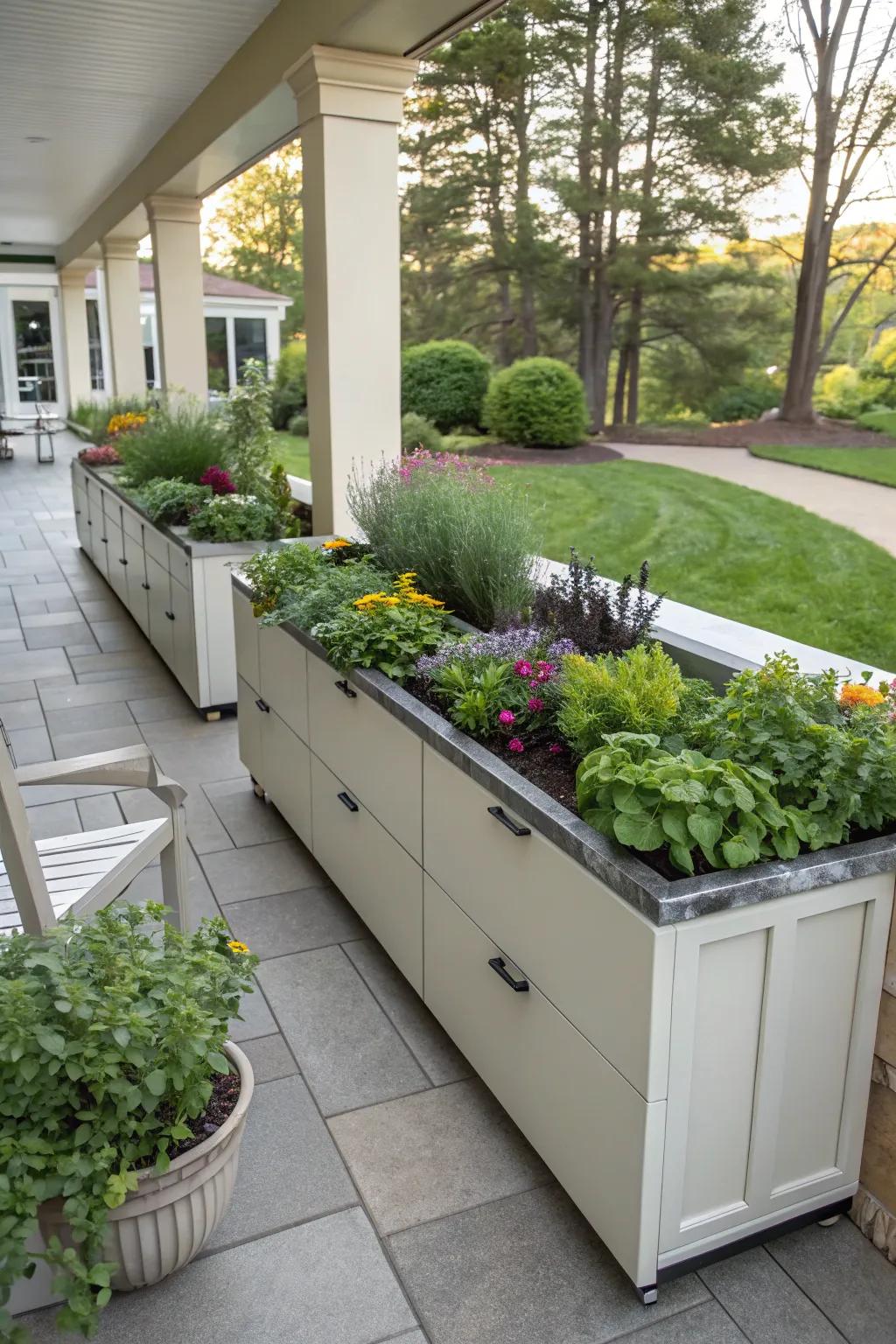 Built-in planters bring life and greenery to your patio cabinets.