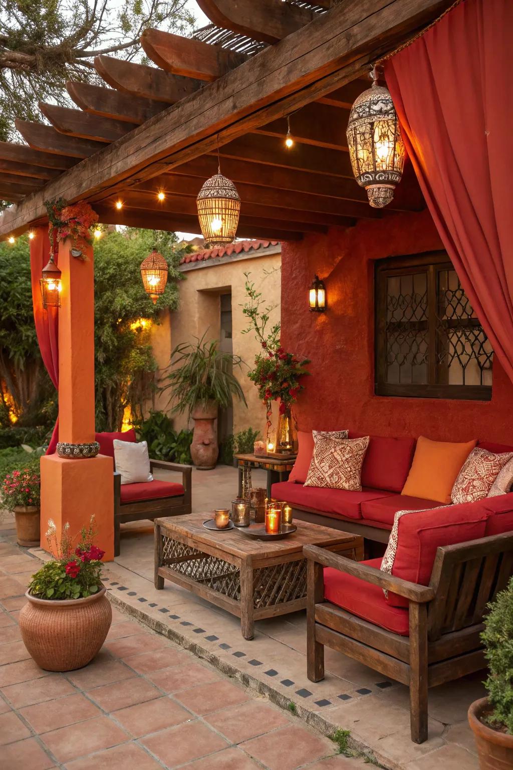 A cozy patio with rustic reds and oranges, evoking the warmth of autumn and bonfire nights.
