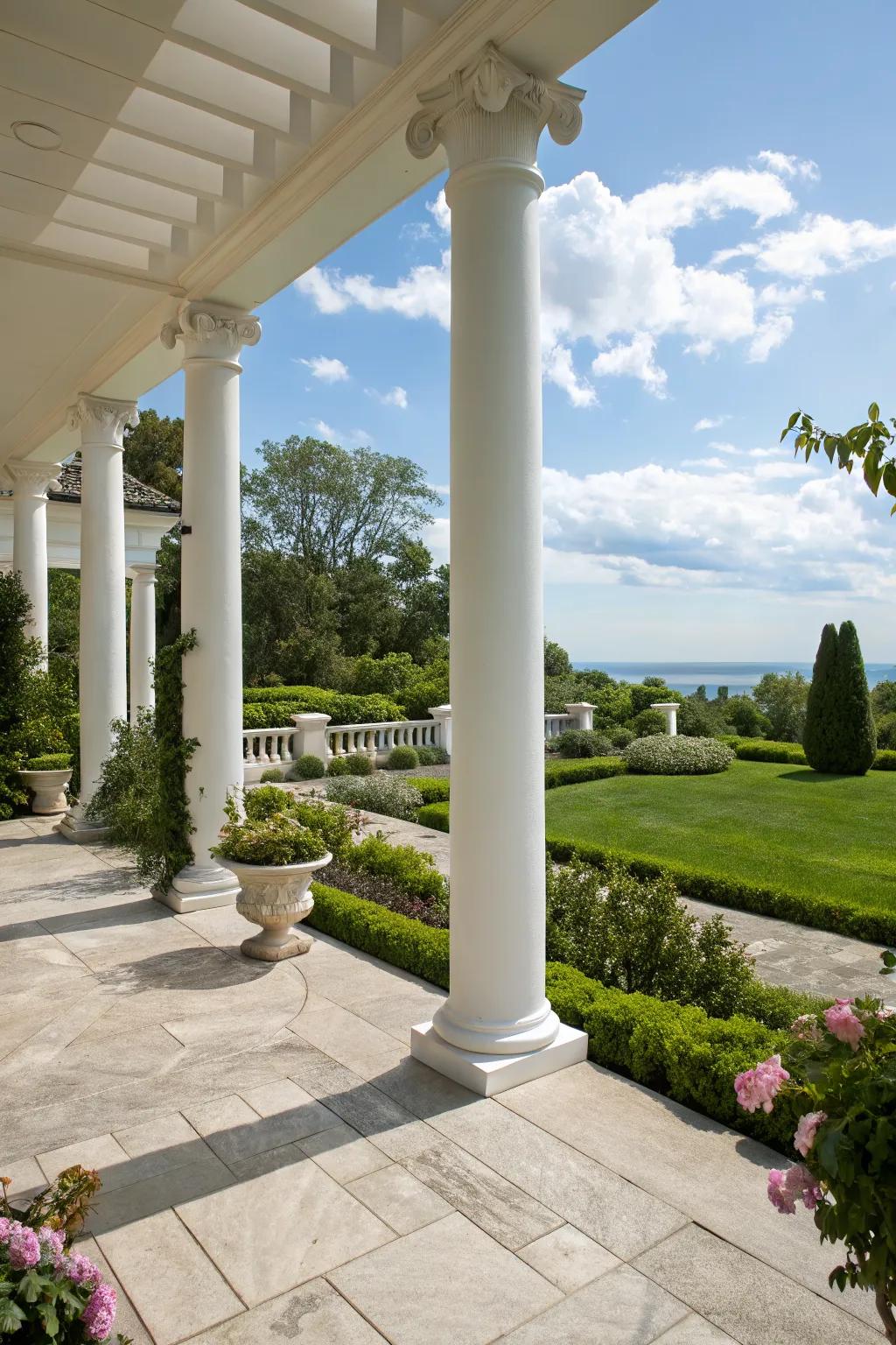 Classic white pillars offer timeless elegance.