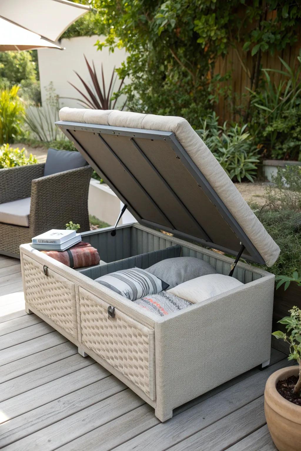 Optimize your outdoor space with multifunctional ottomans that provide hidden storage.