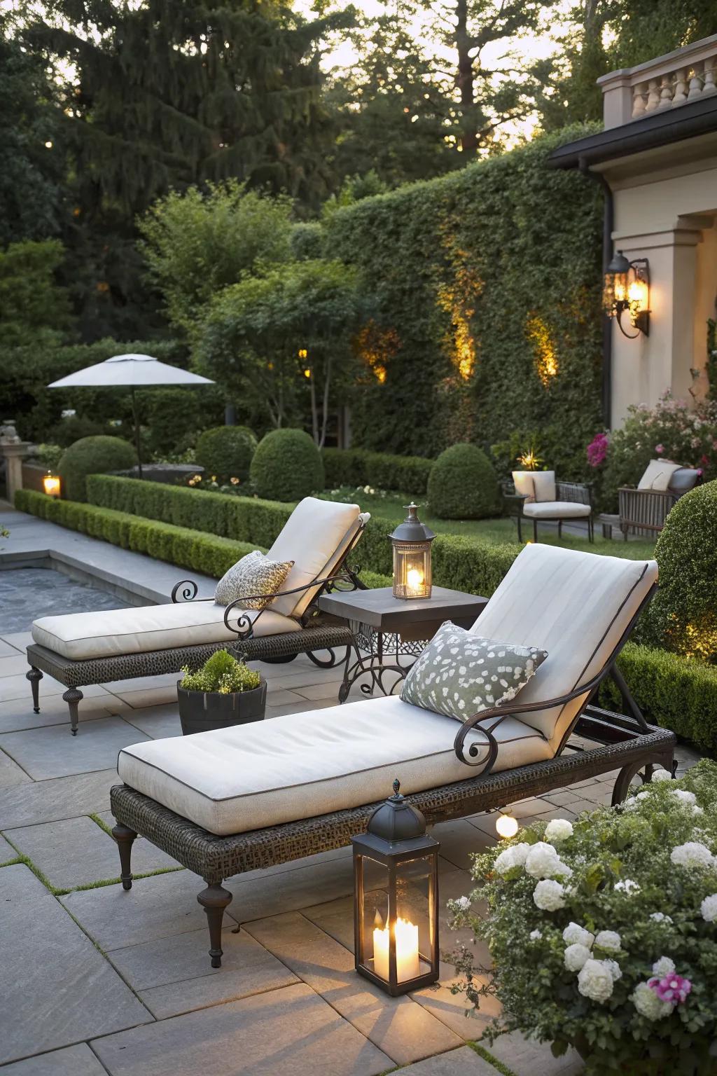 Chic chaise lounges bring luxury to the patio deck.
