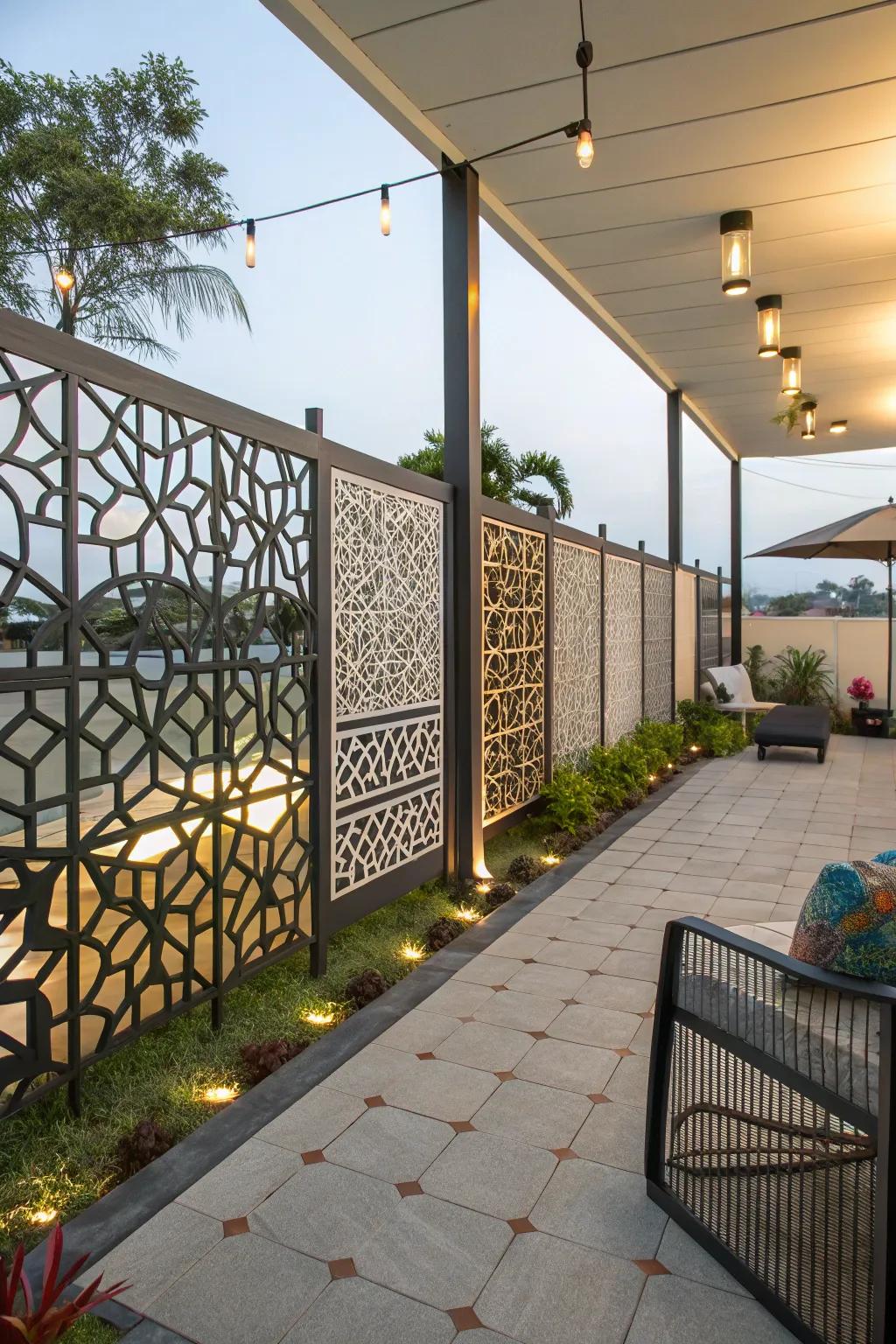 Geometric patterns in fences offer an artistic touch.