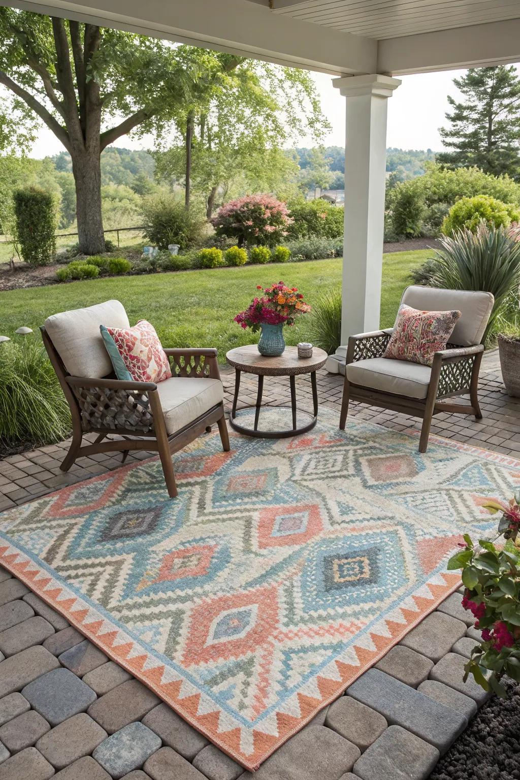 An inviting outdoor rug adding warmth and style to a patio.