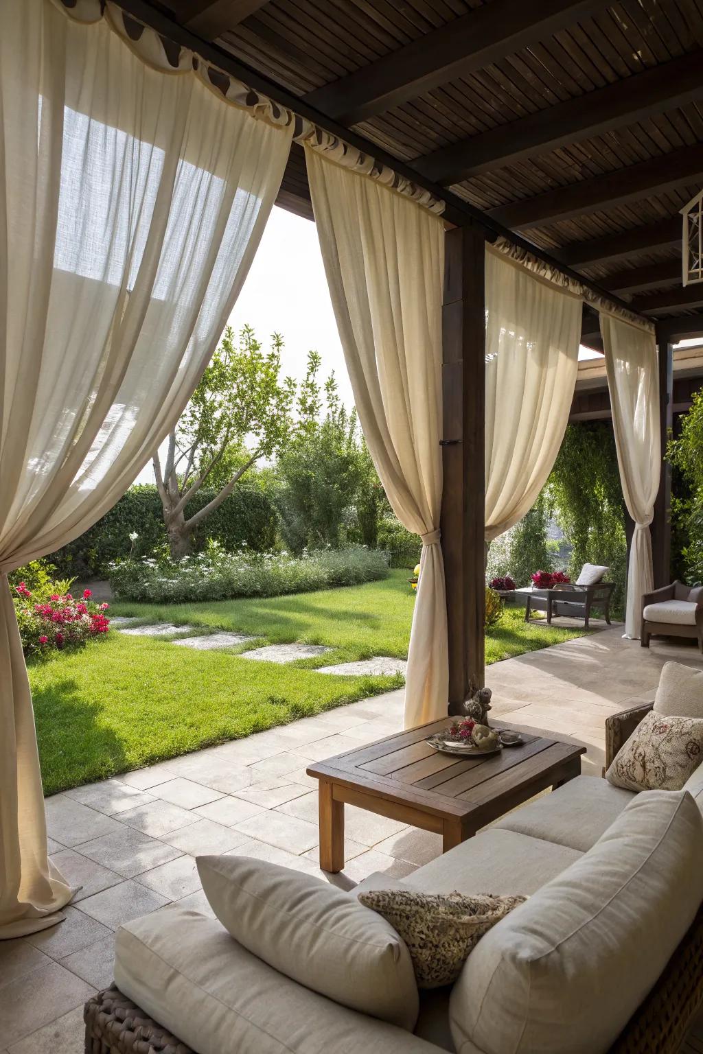 Outdoor curtains add privacy and a touch of elegance.