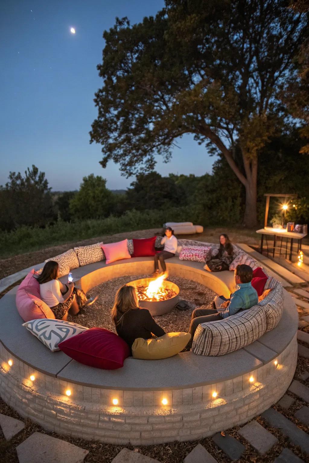 A circular seating arrangement around a fire pit for inclusive gatherings.