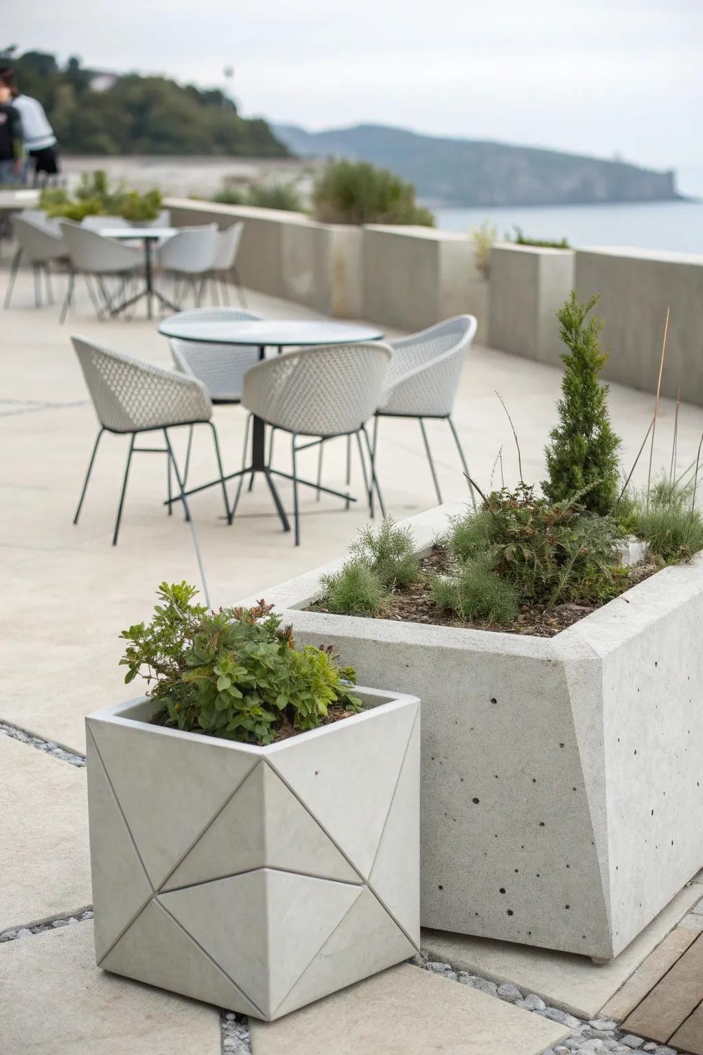A modern concrete patio with a sleek, urban feel.