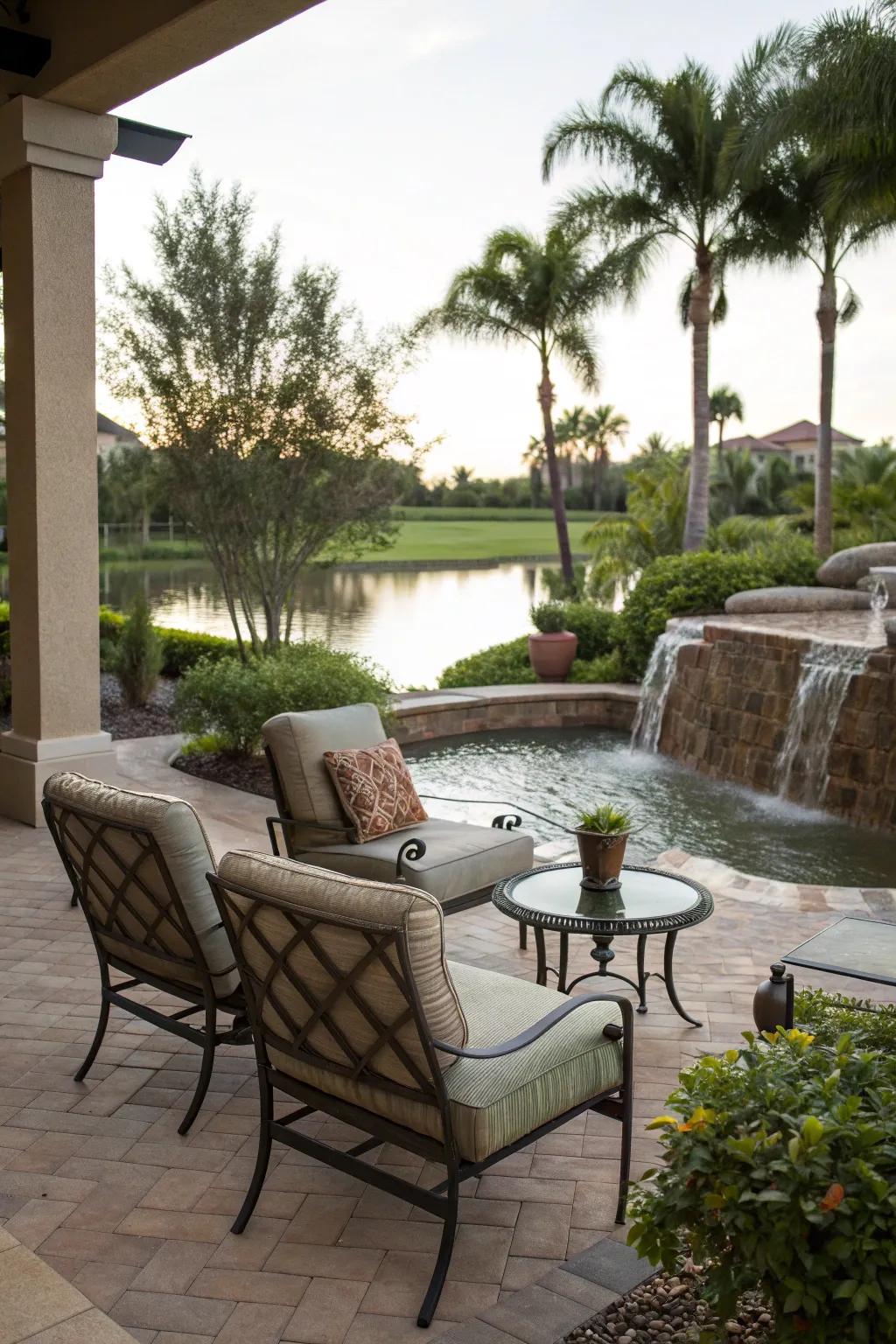 A serene patio designed to make the most of a water view.