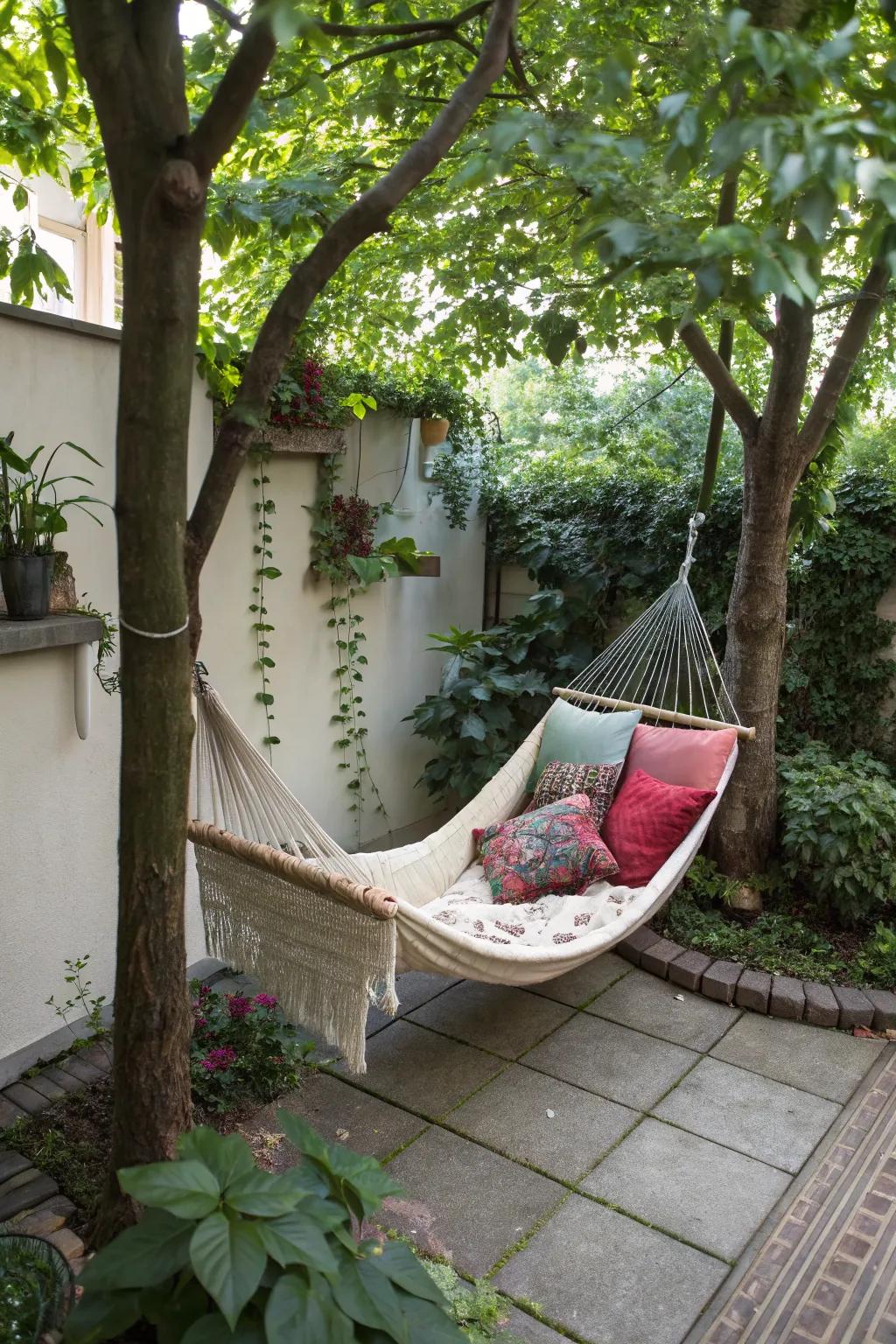 Hammocks provide a relaxing touch to small patios.