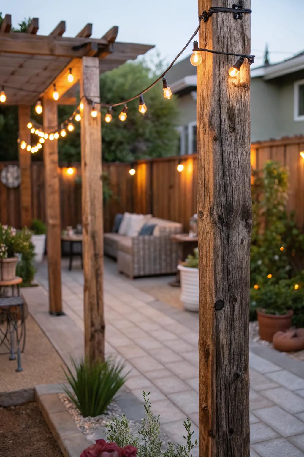 Wooden poles add rustic charm to outdoor spaces.