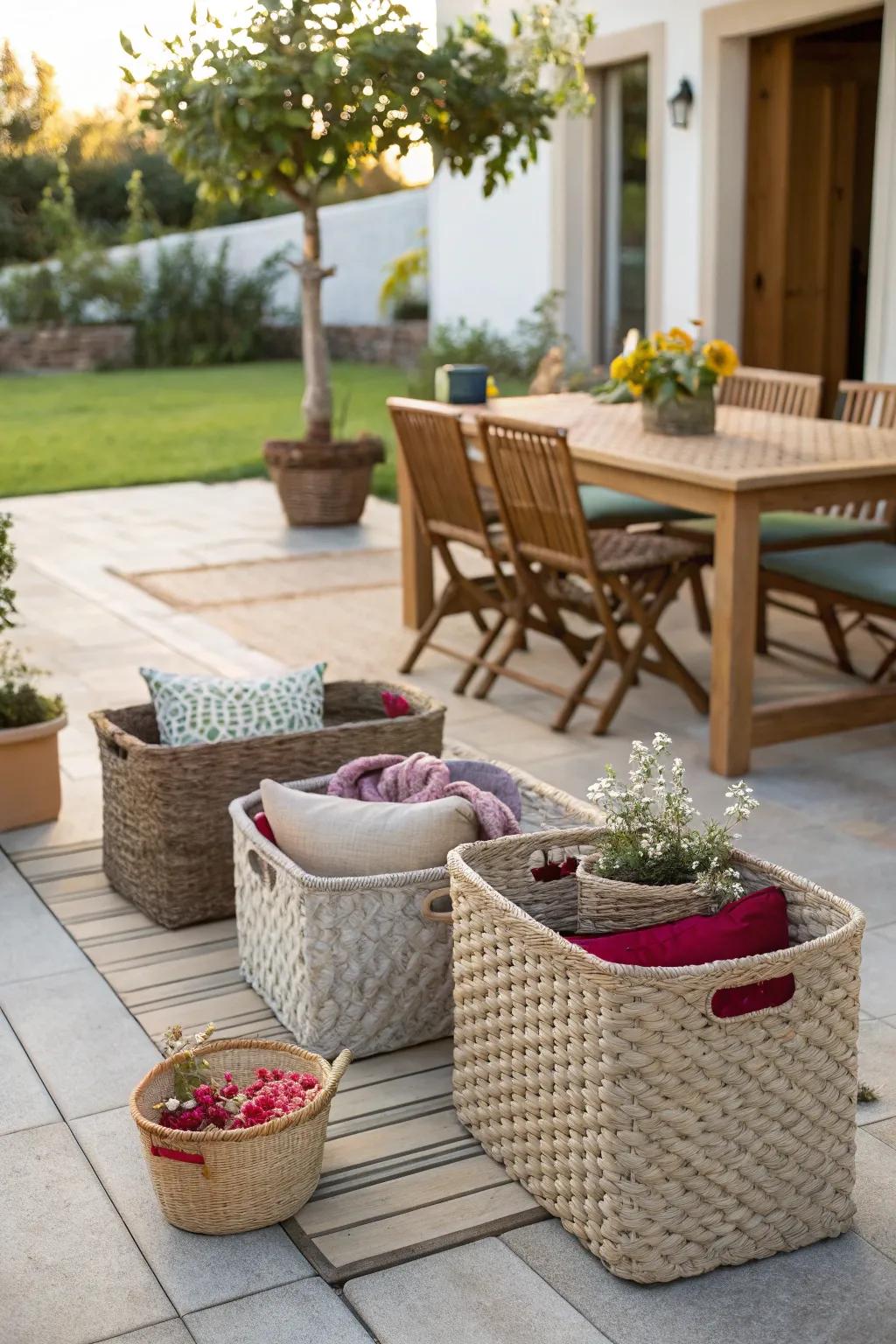 Decorative baskets provide both style and storage.