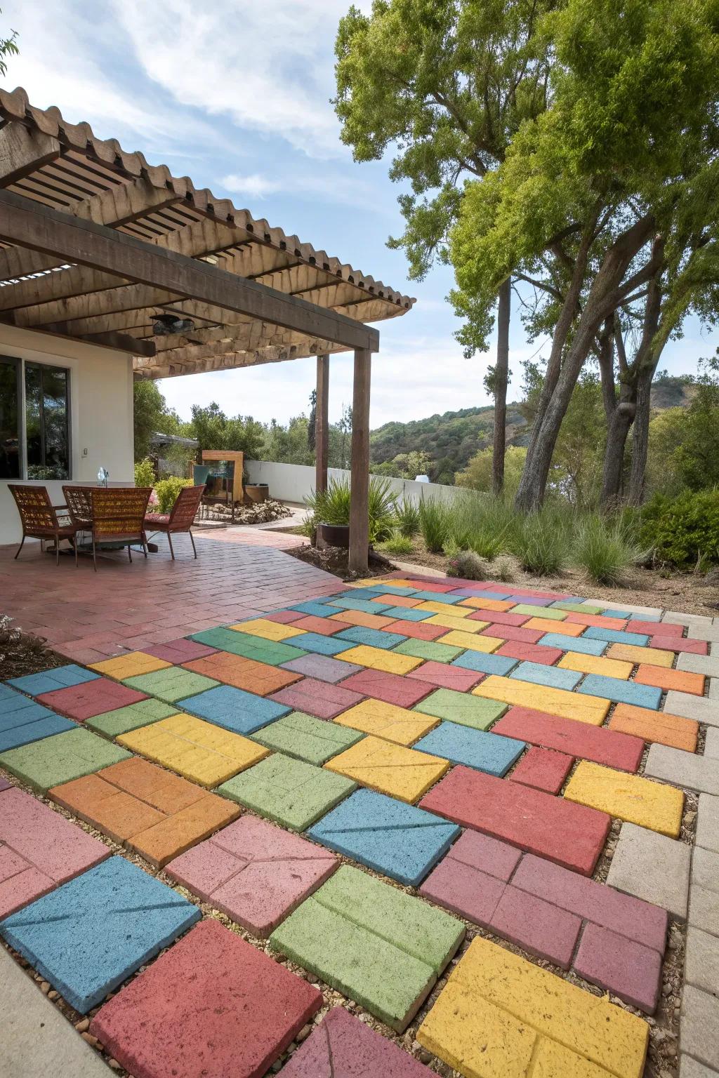 Brighten your patio with bold, colorful paver designs.