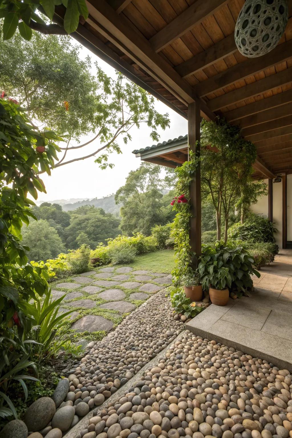 A patio featuring a pebble stone carpet, offering a natural and textured look.