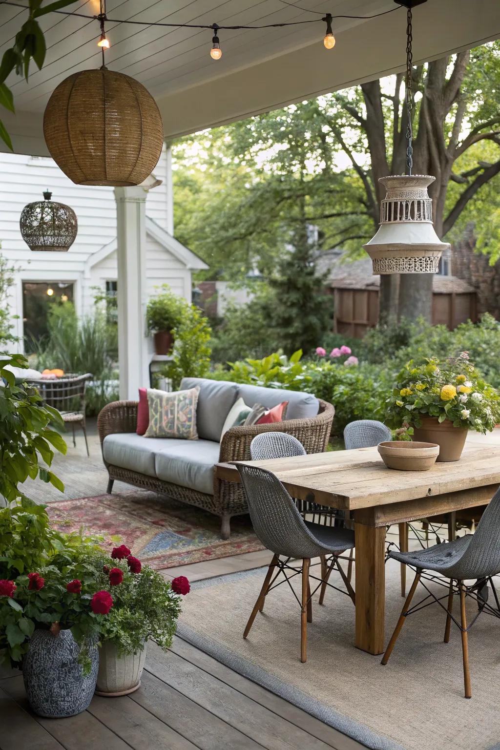 Eclectic furnishings add personality to a patio.
