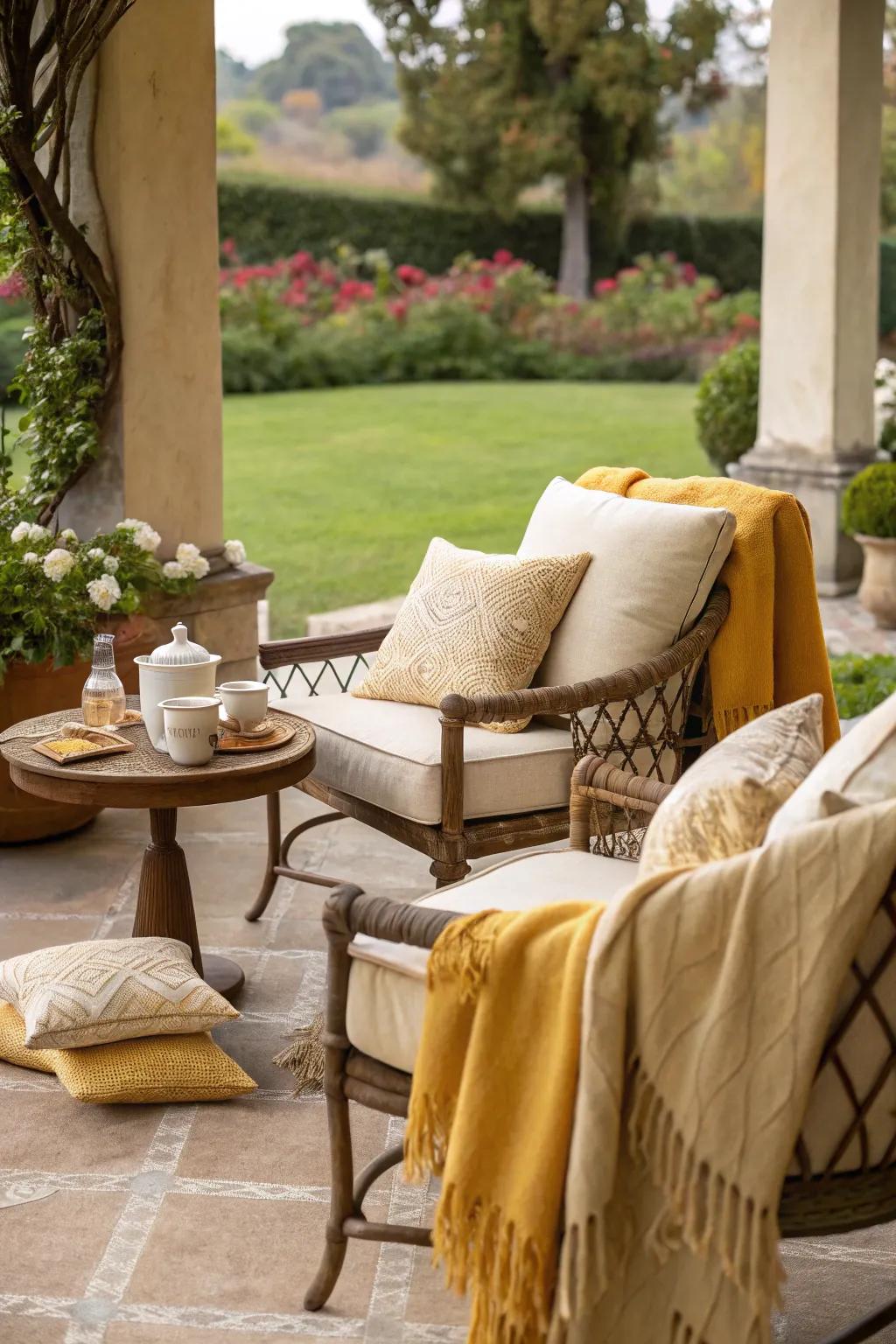 Enhance comfort with soft textiles on your patio.