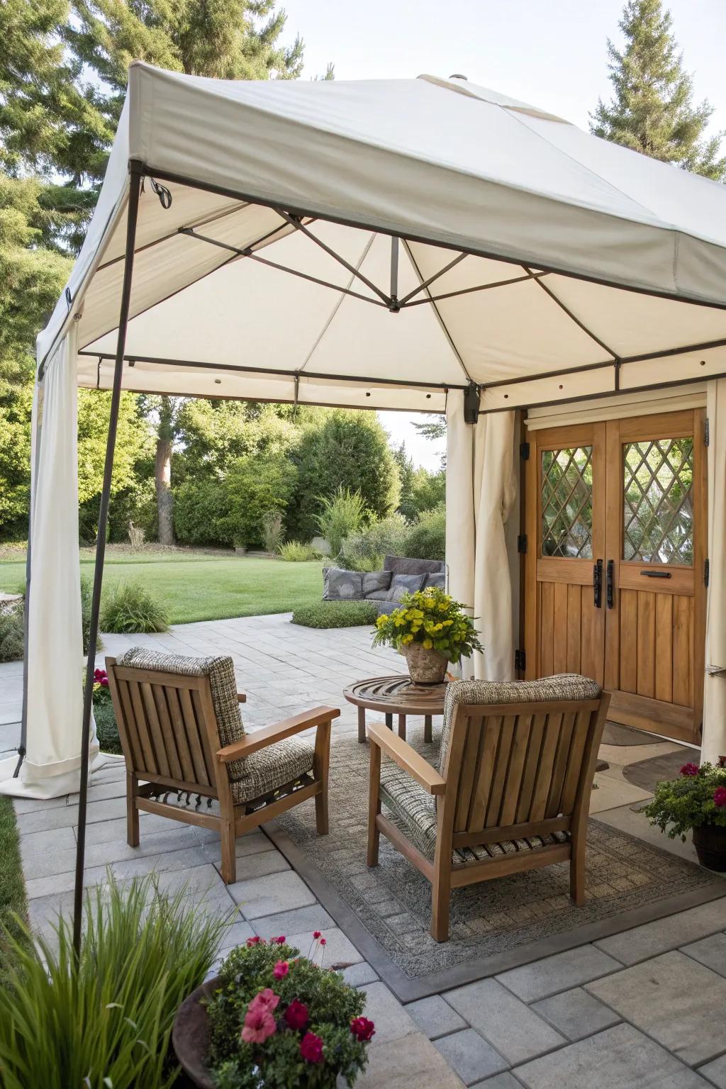 A temporary gazebo offers versatile and stylish shade.