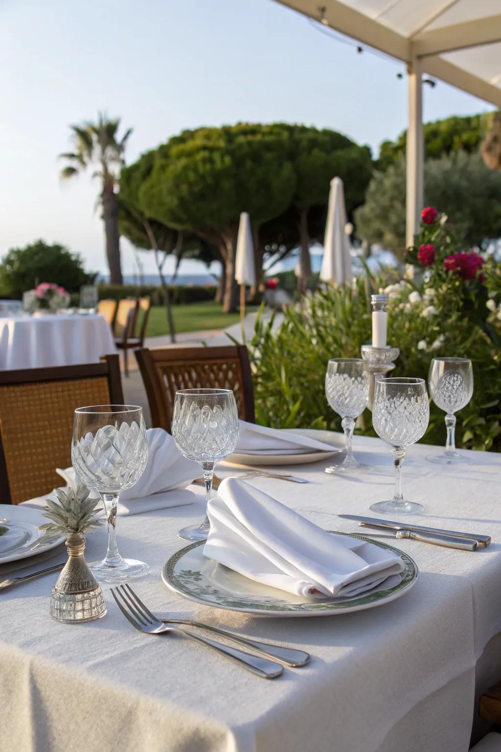 Formal settings outdoors create a luxurious dining experience.