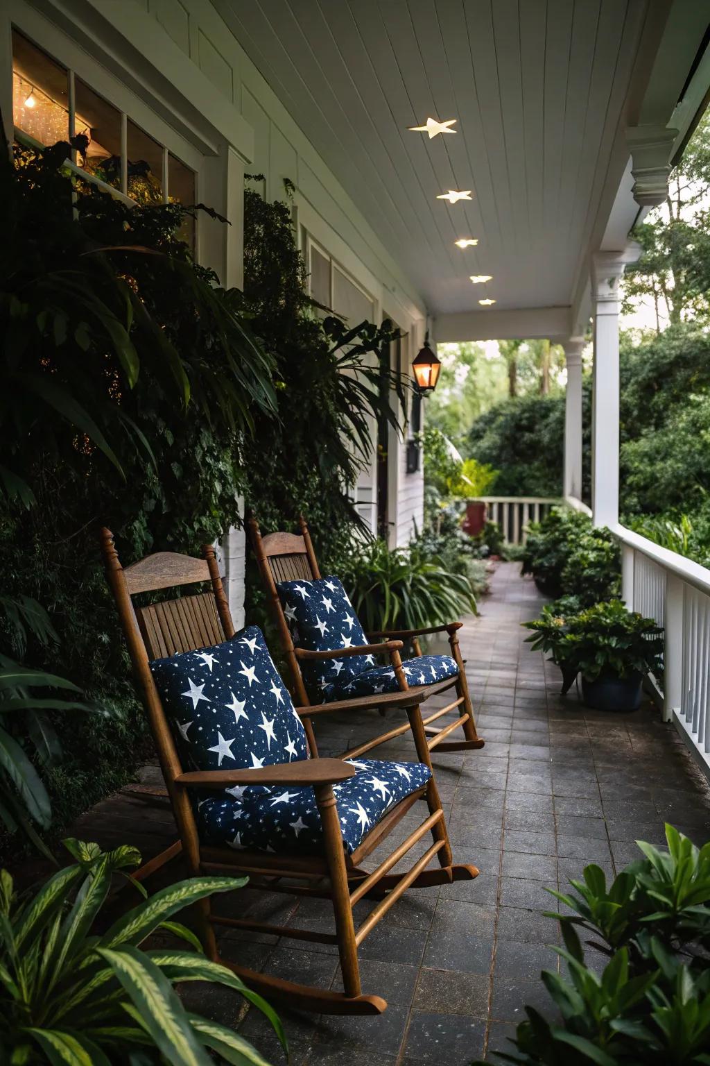 Rocking chairs with patriotic cushions create a cozy seating area.