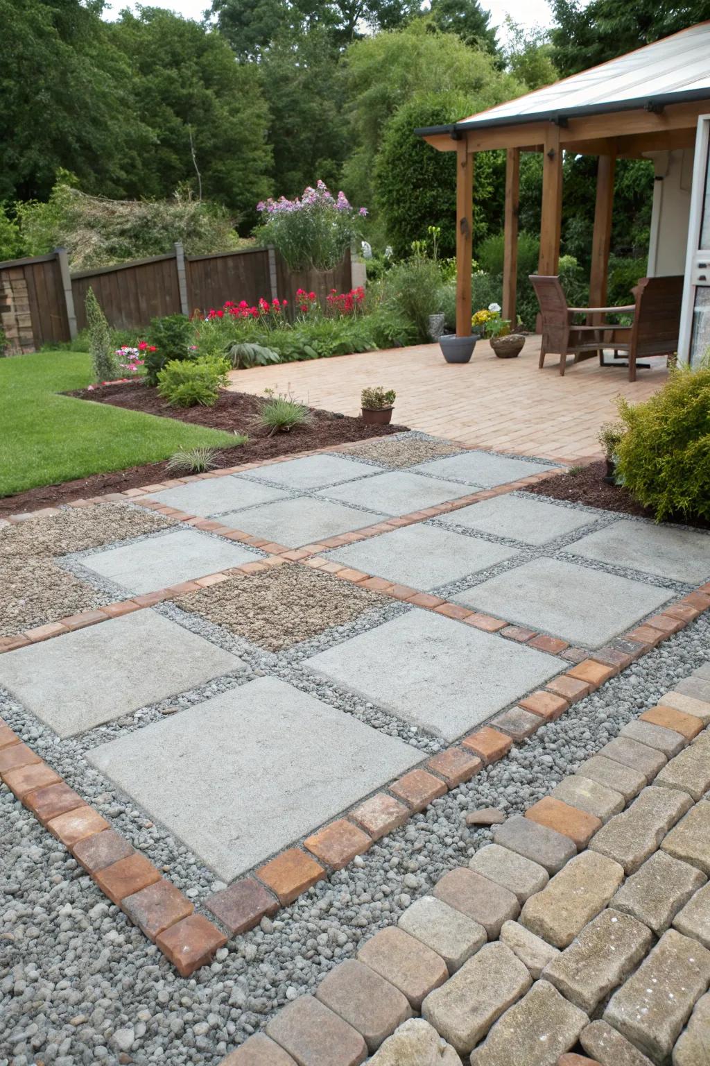 An eco-friendly patio using recycled materials with gravel.