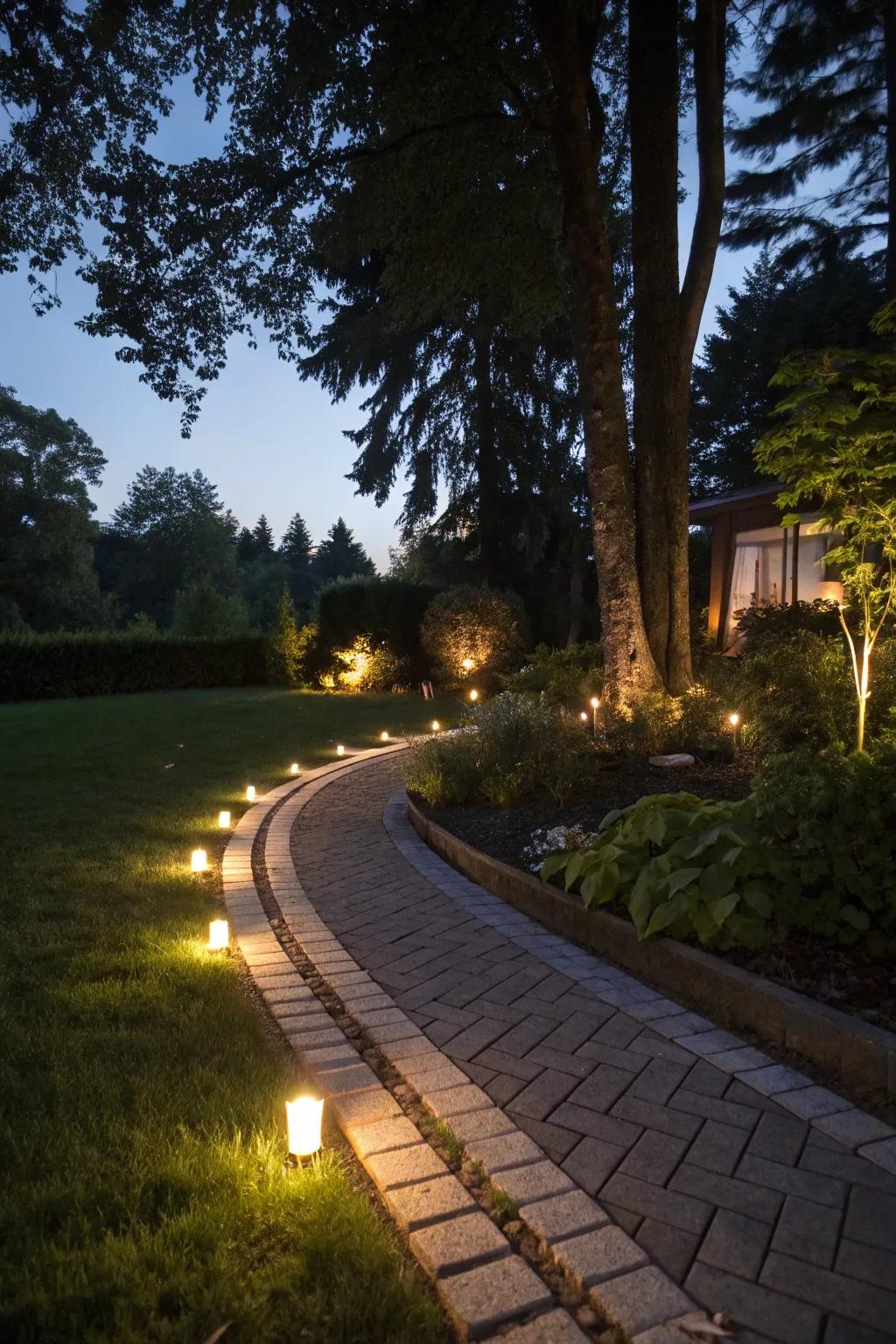 Enchanting garden with illuminated paver edging.