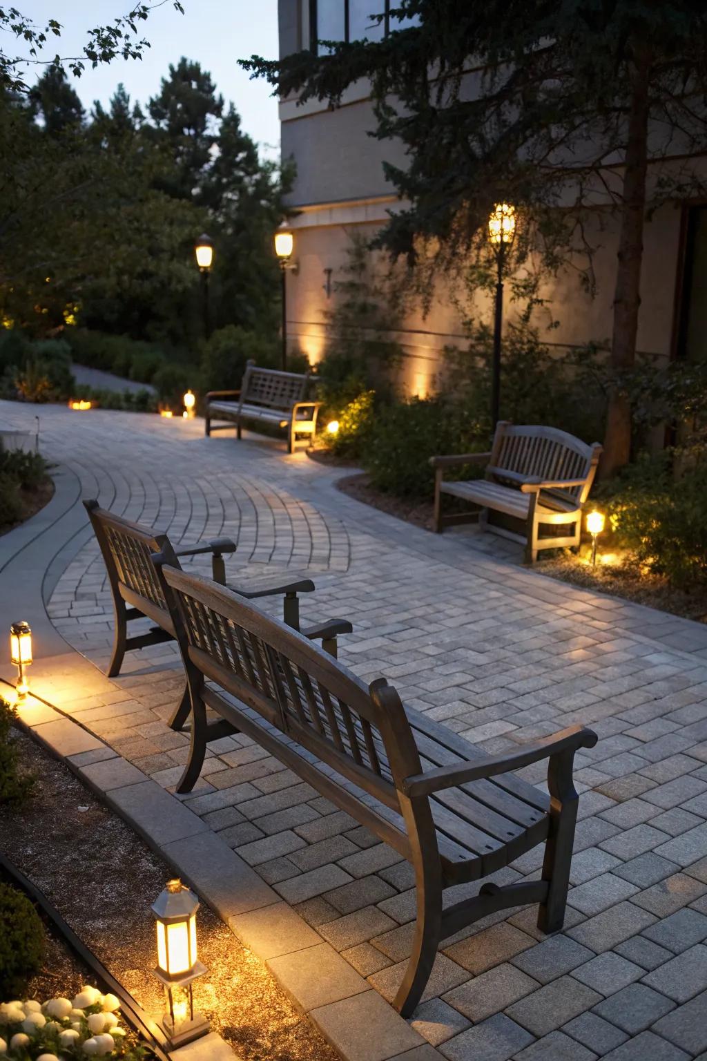 Under-bench lighting provides subtle and inviting illumination.