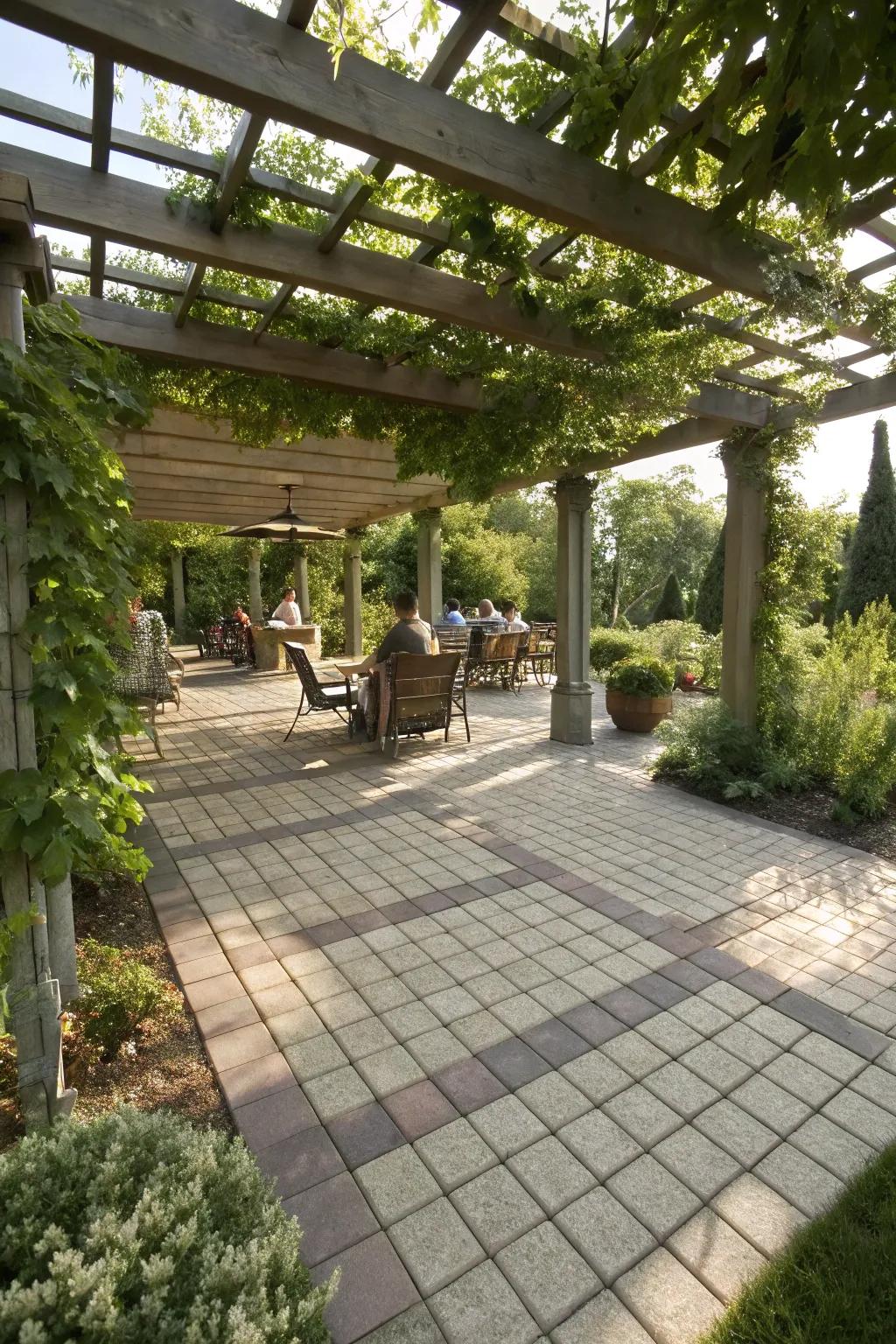 A sectioned pergola helps organize multiple outdoor zones.
