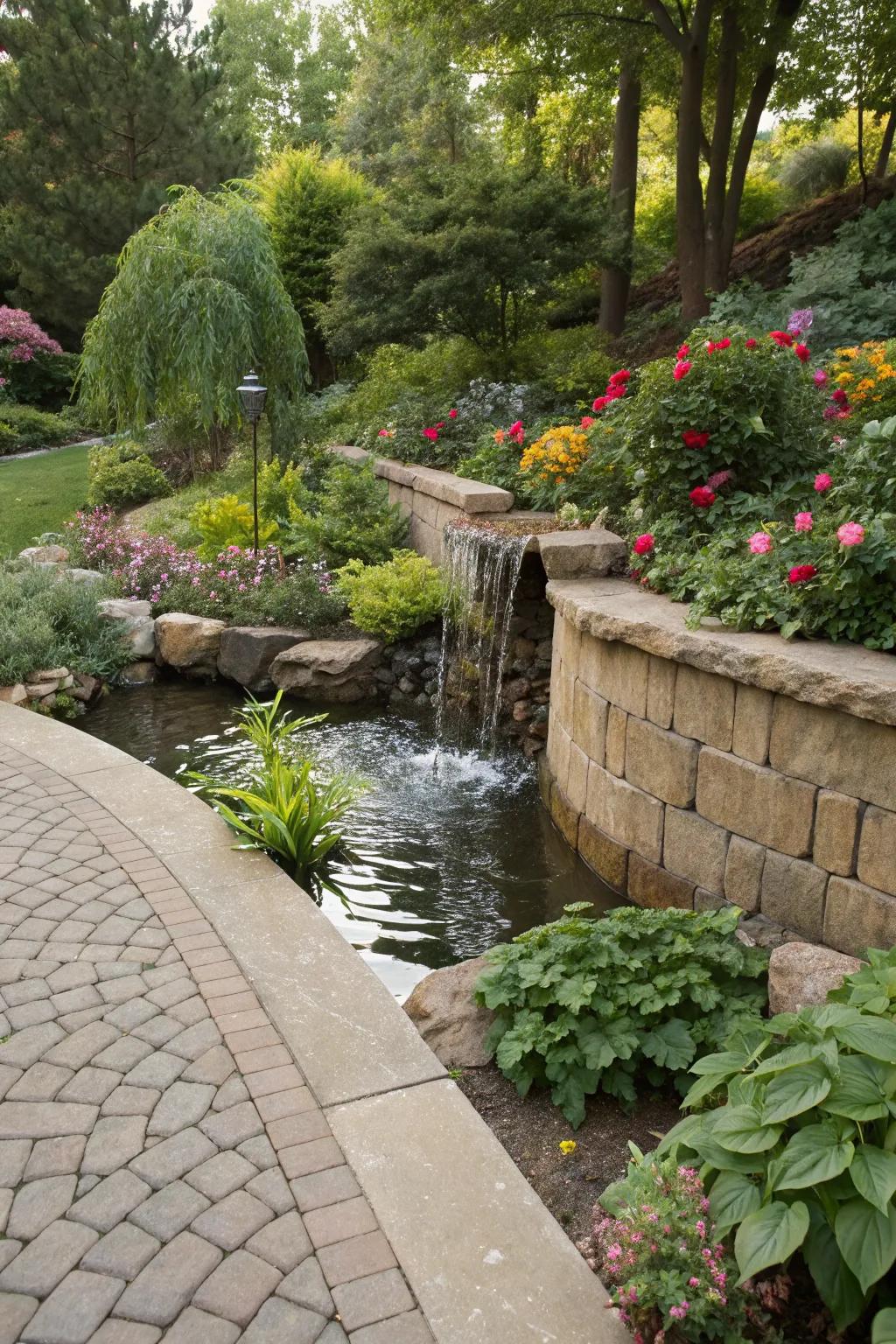 A paver wall beautifully paired with a water feature.