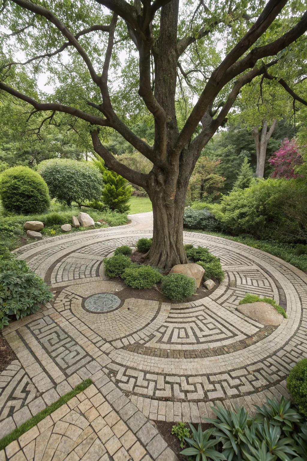 An artistic paver pattern encircling a tree, adding a unique touch.