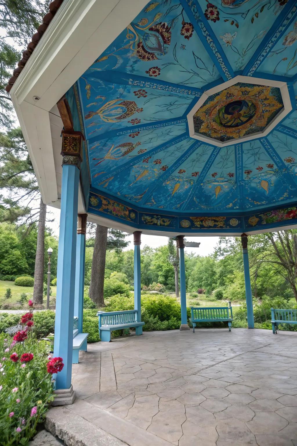 A pavilion with a painted ceiling that adds character and charm.