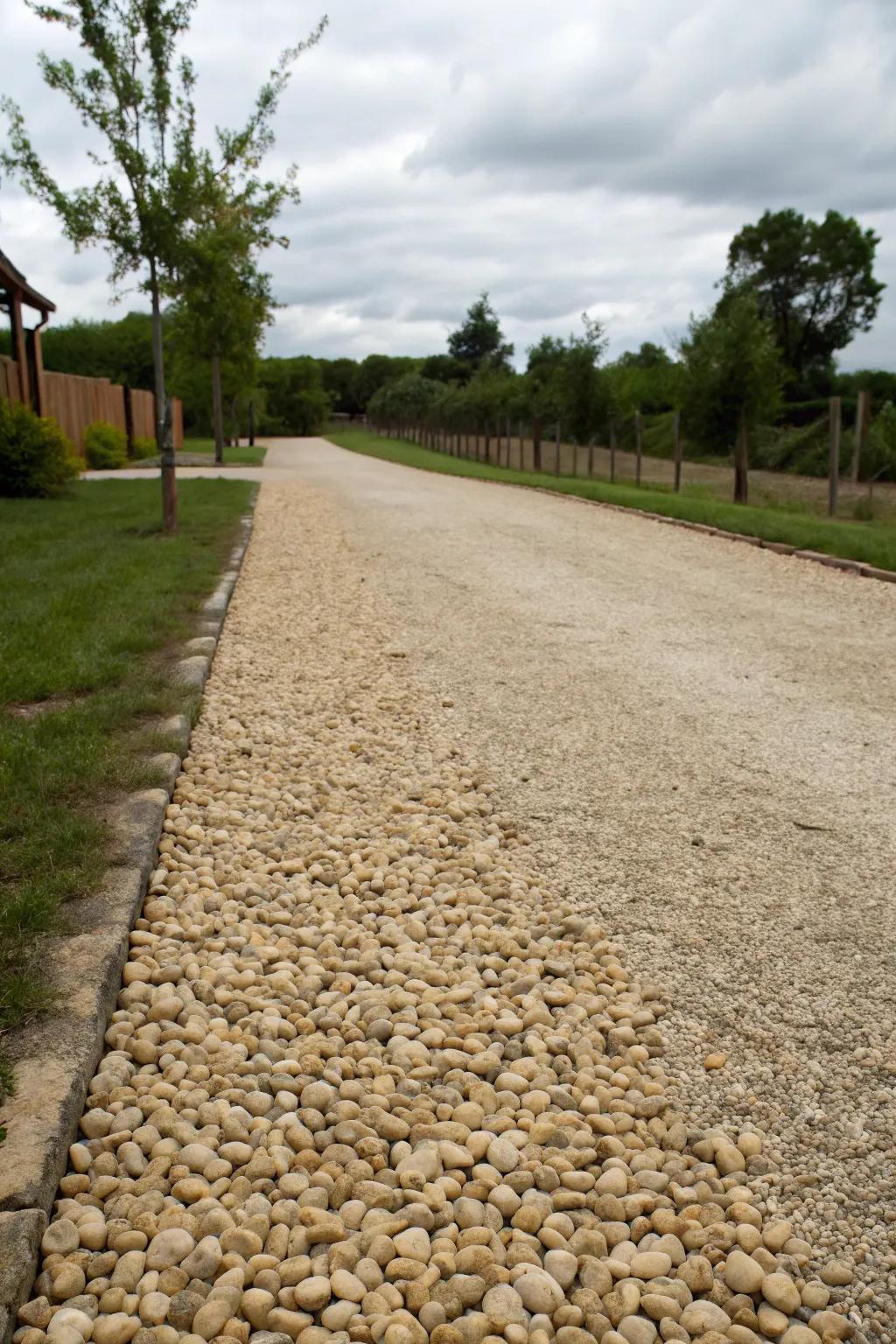 A pea gravel driveway with locally sourced stones for a natural look.