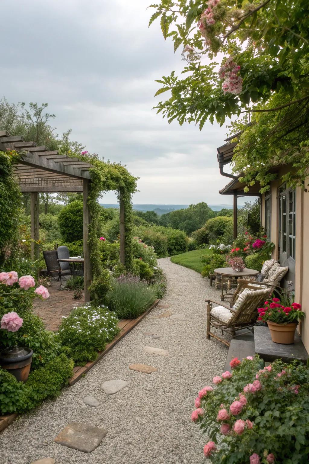 Gravel pathways enhance the allure of this outdoor space.