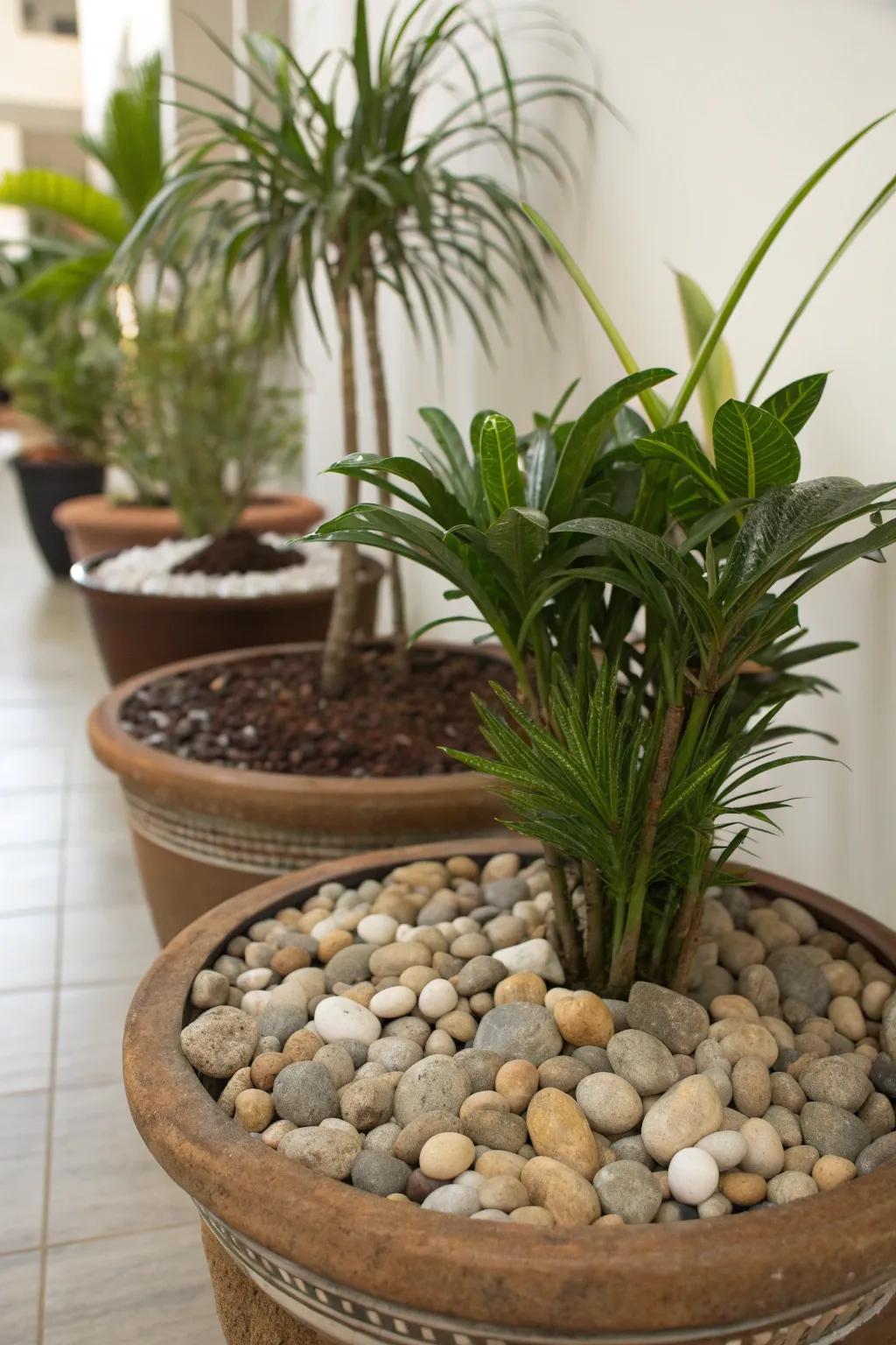 Pebbles topping plant containers add texture and interest.