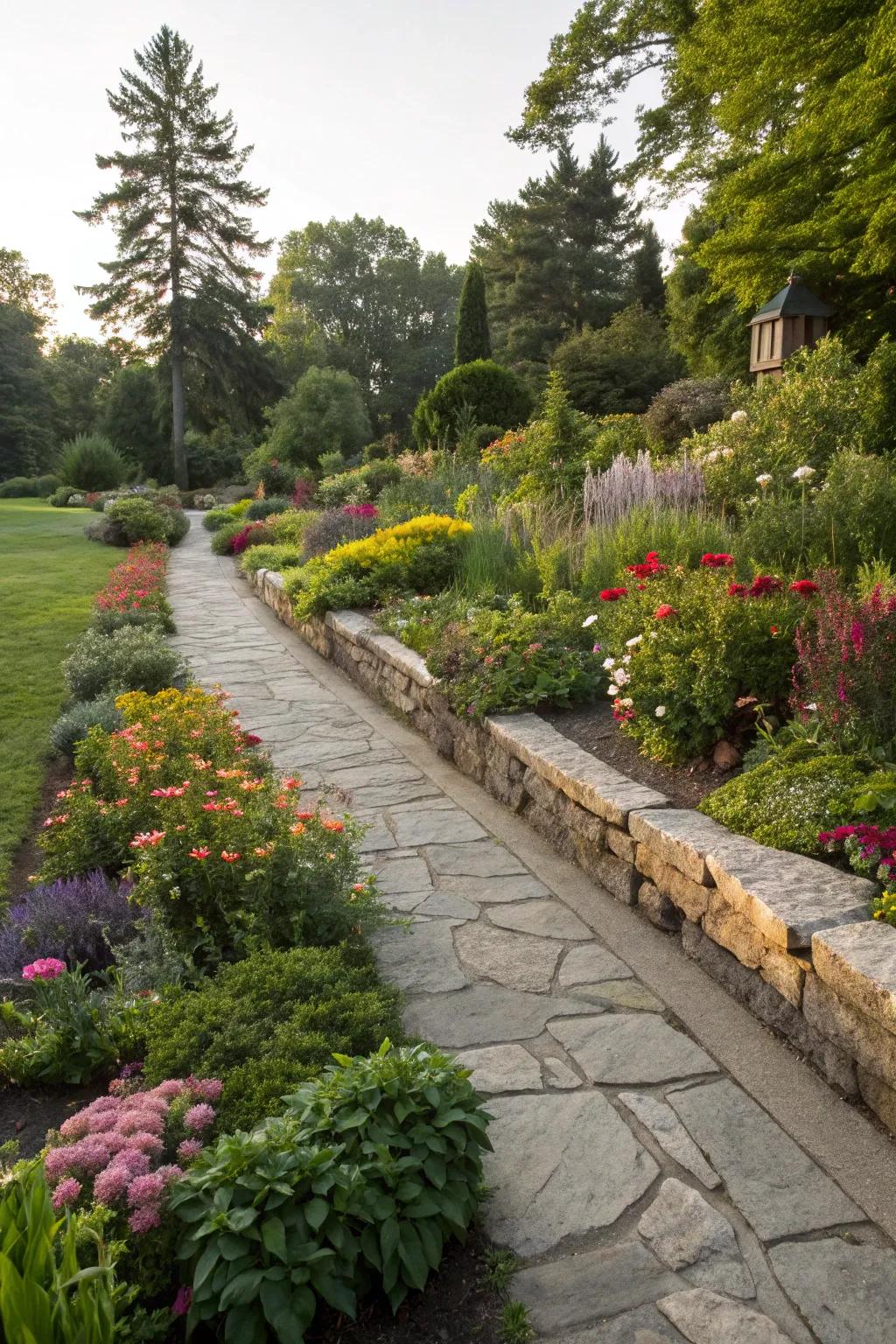 Natural stone edging provides a clean and polished garden look.