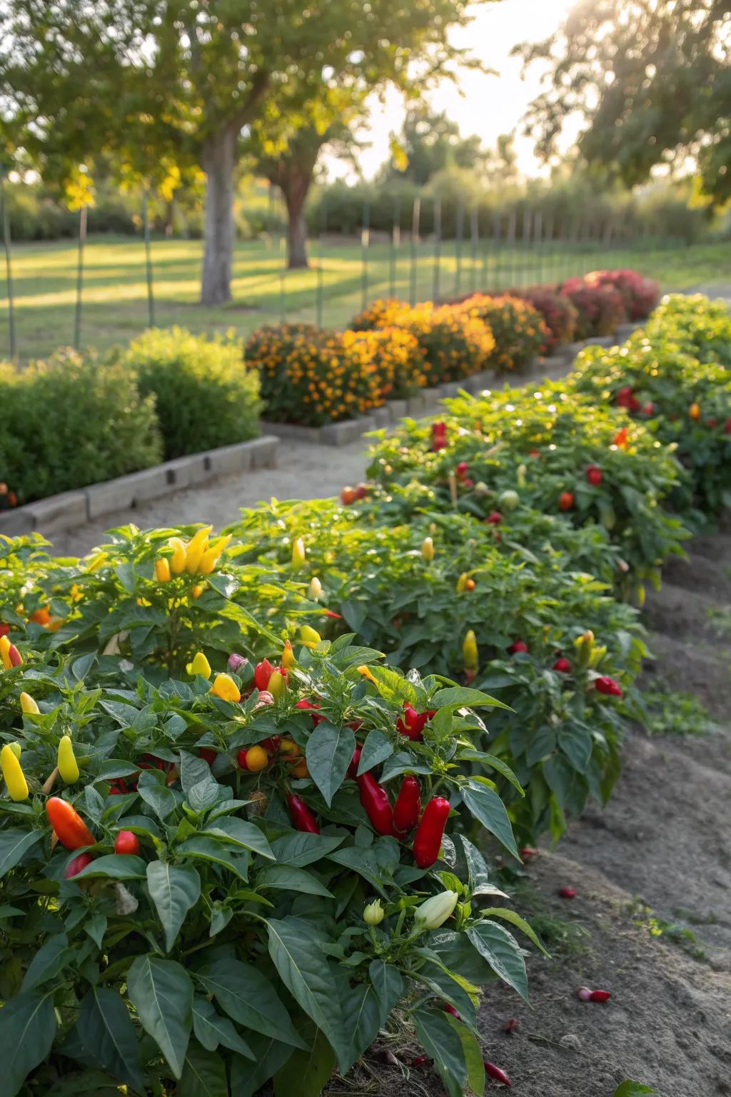 A colorful patchwork of diverse pepper plants creating a unique garden tapestry.