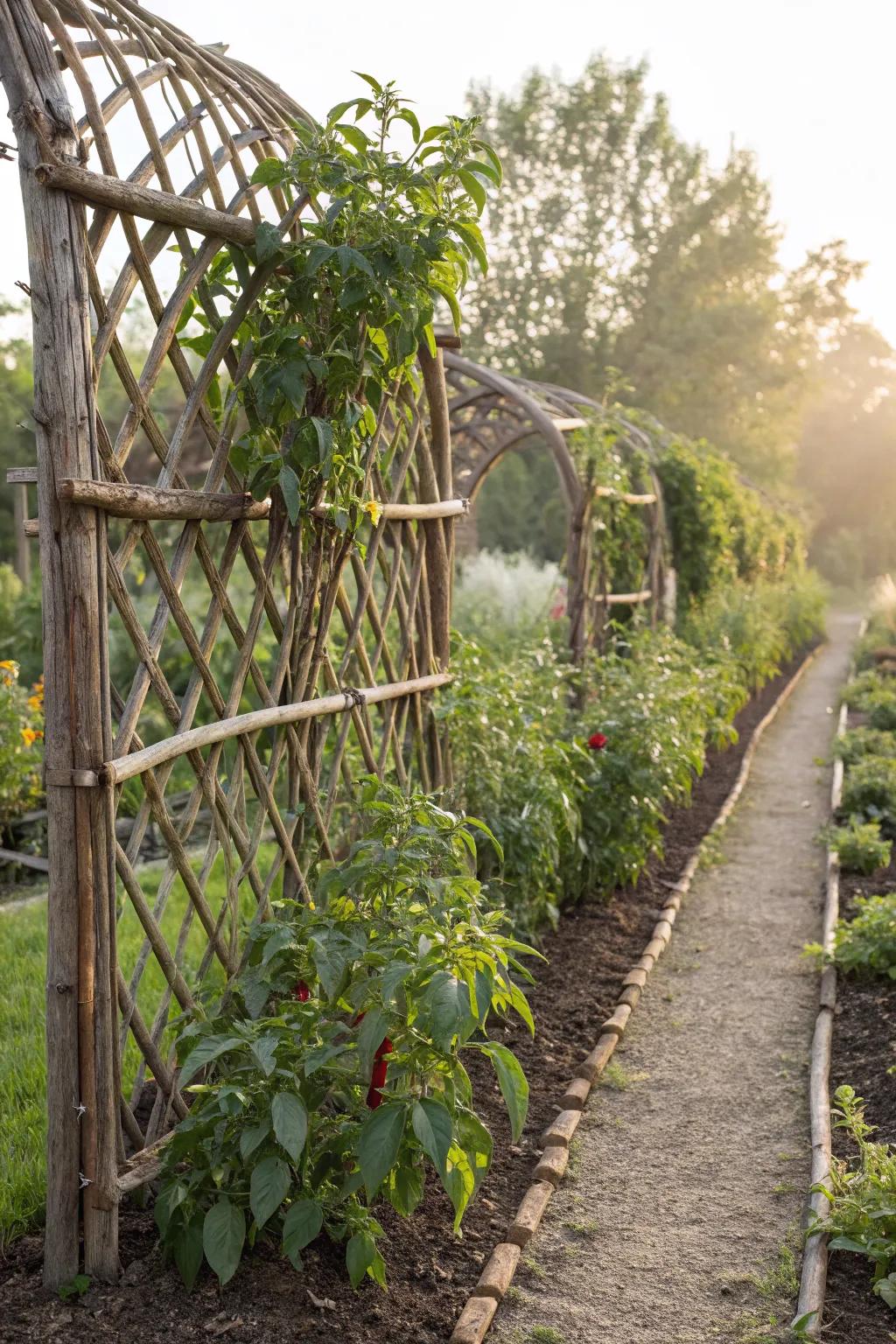 Woven willow trellises add artistic flair to your garden.