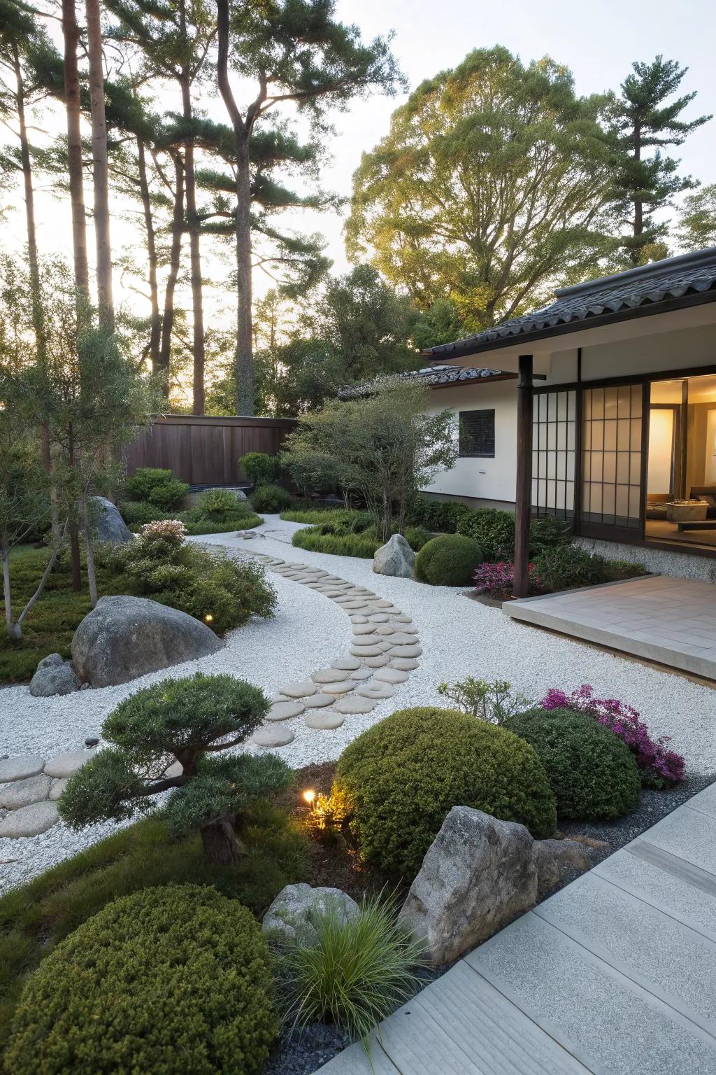 Zen garden elements create a peaceful retreat.