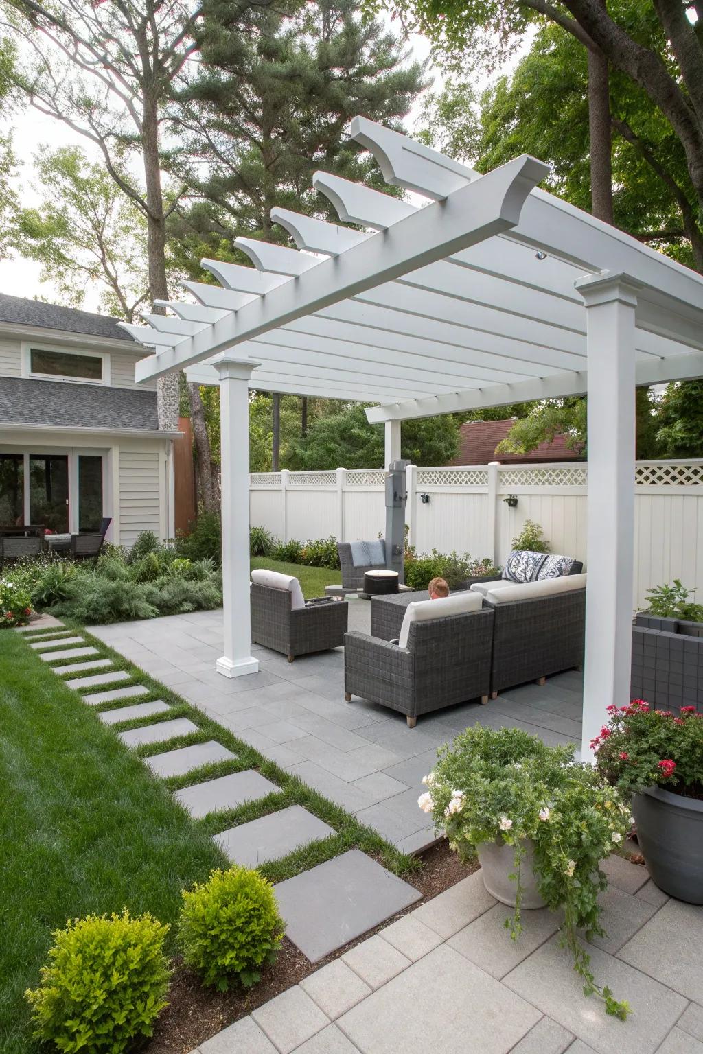 A gray and white two-tone pergola offers a sleek, modern look.
