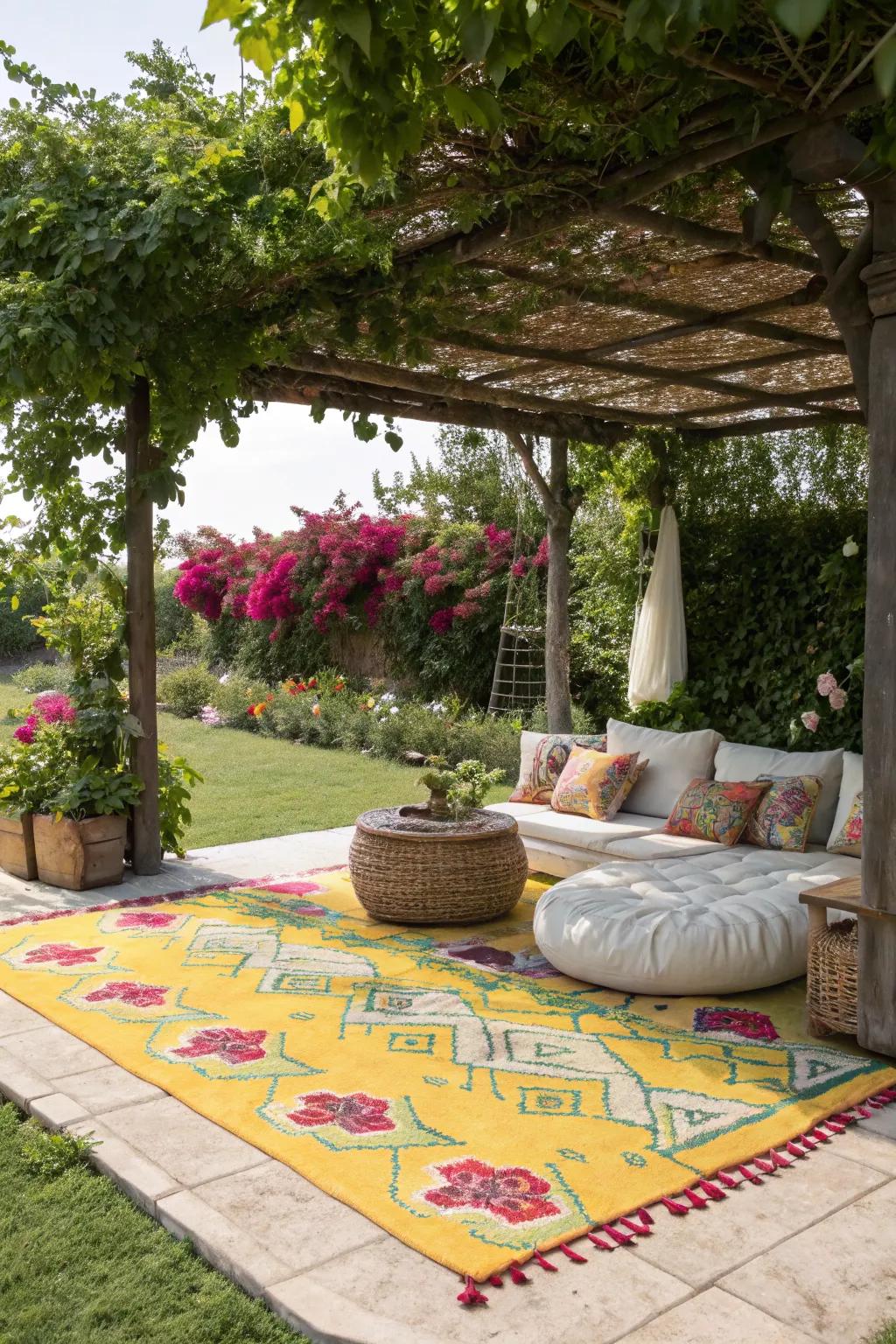 Outdoor rugs add color and comfort to pergola floors.