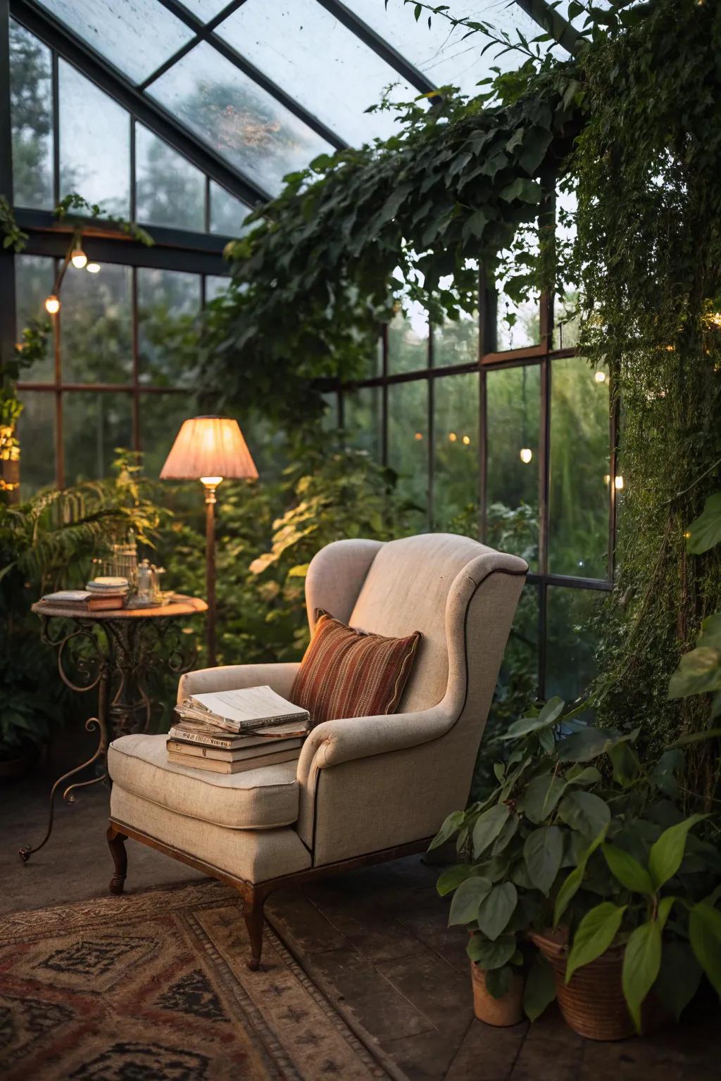 A cozy reading nook in a pergola greenhouse, perfect for relaxation.