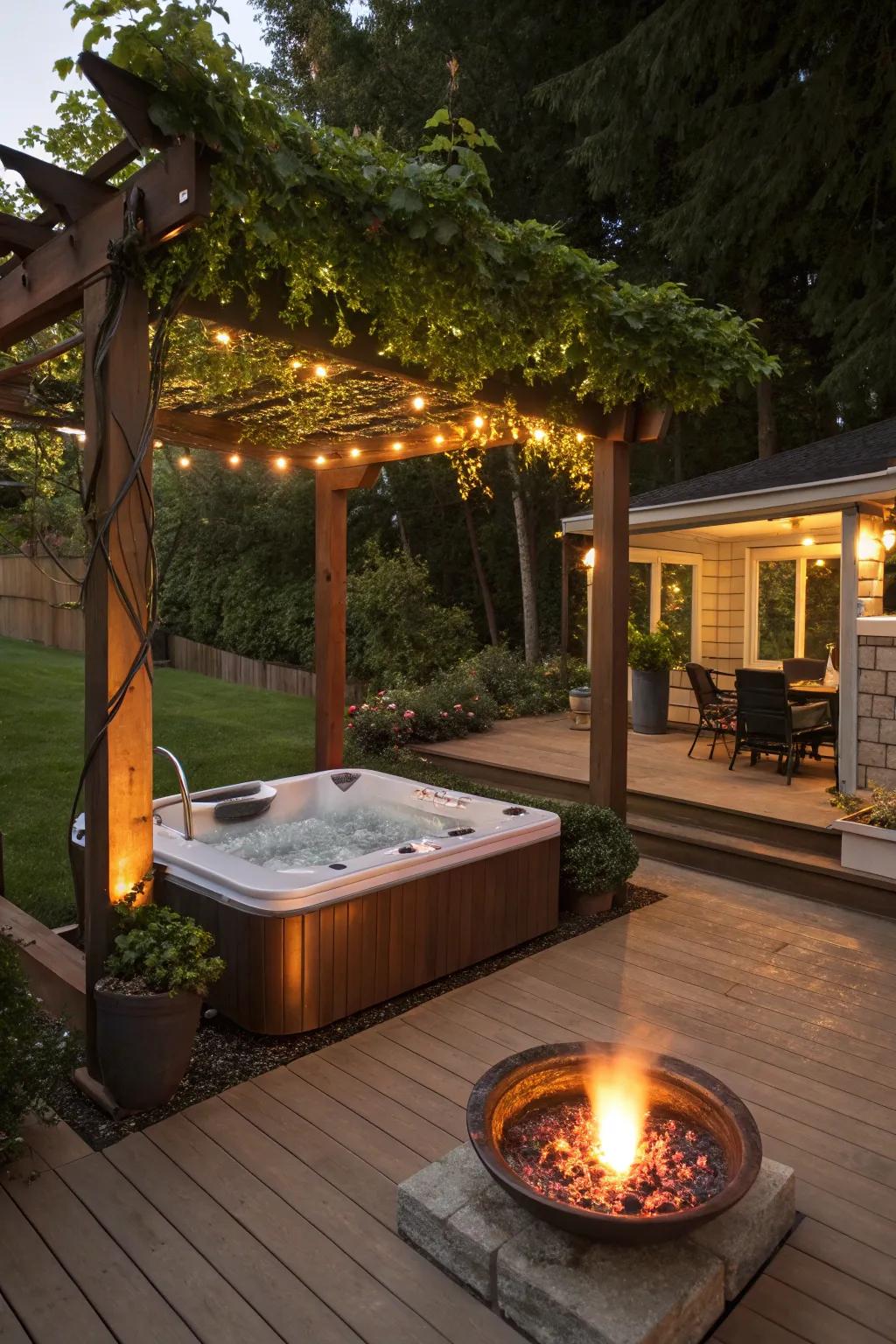 A pergola with a hot tub, complemented by a nearby fire pit for cozy evenings.