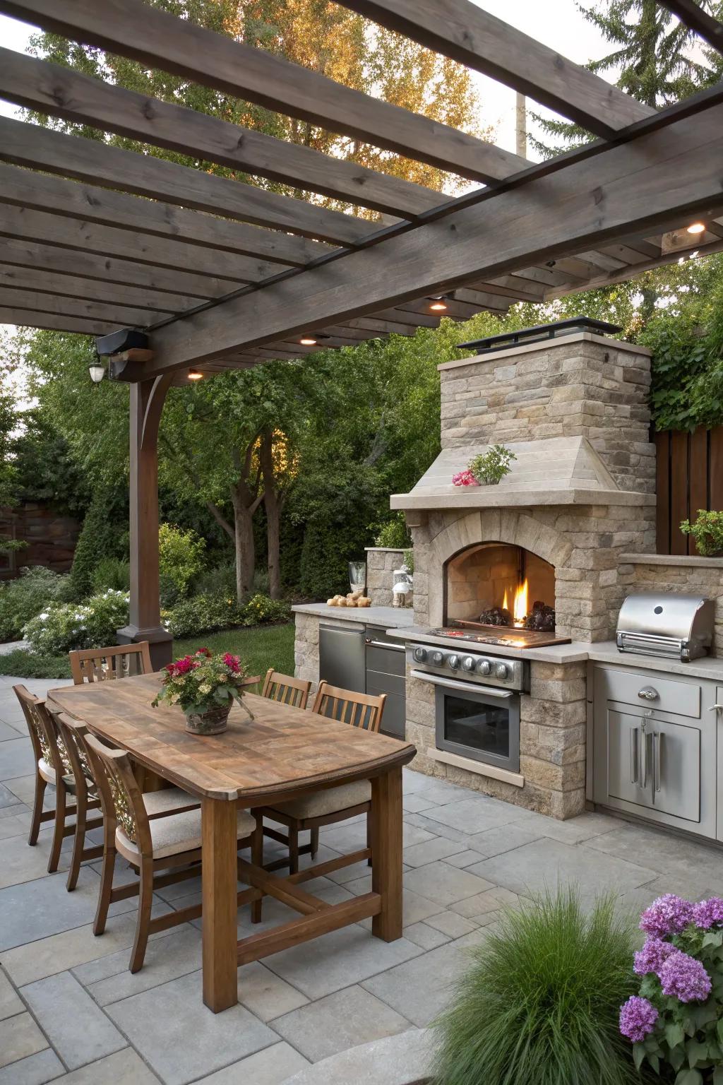 A fireplace under the pergola creates cozy outdoor warmth.