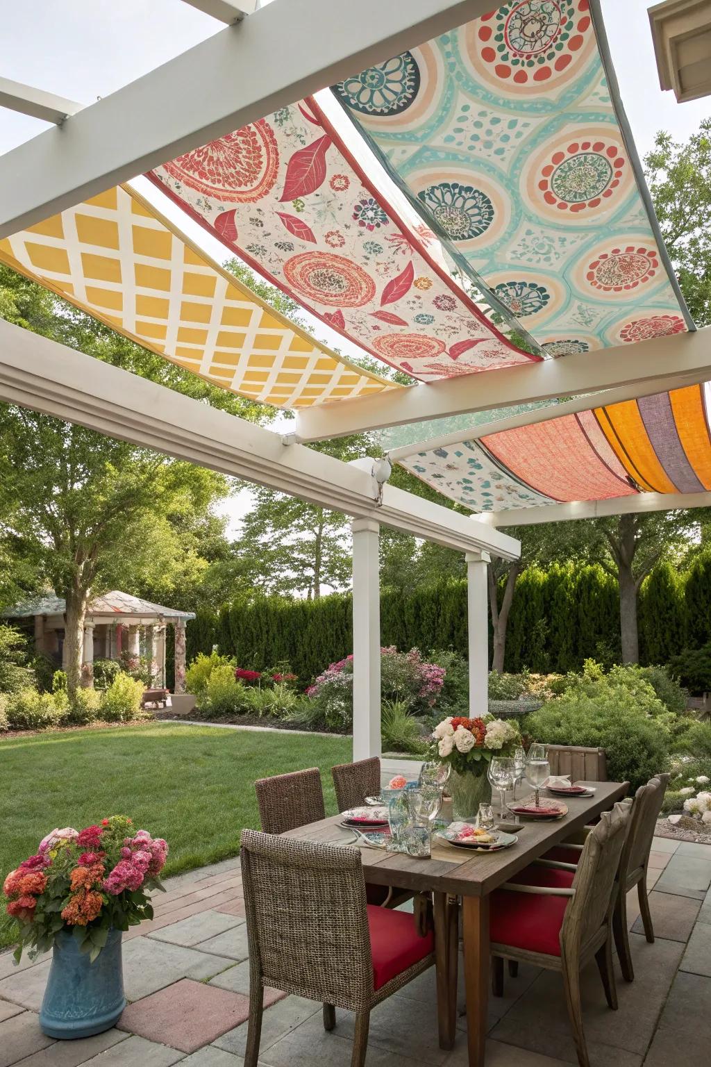 Canvas awnings add vibrant, practical shade.