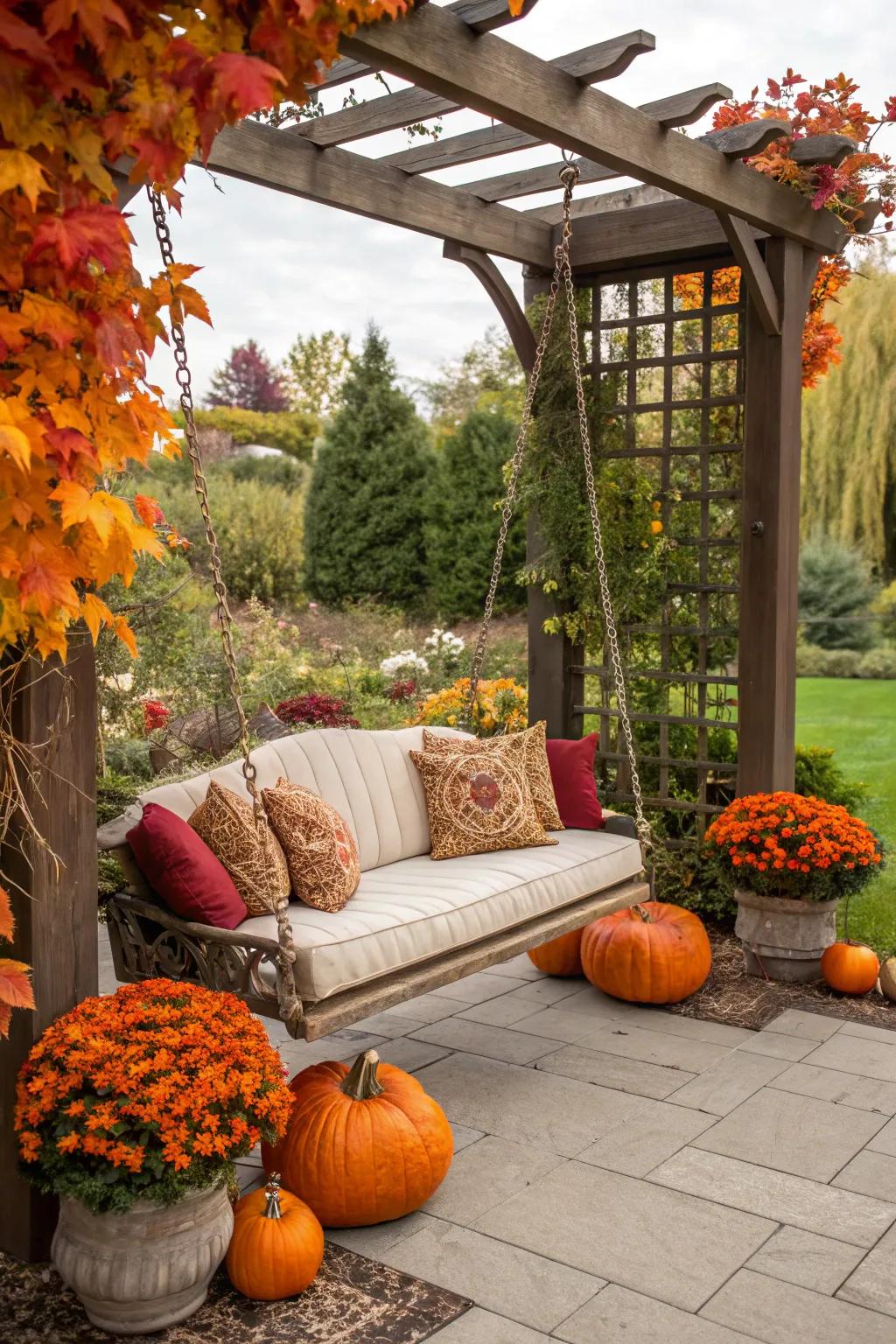 Seasonal decorations bring a festive touch to a pergola swing.