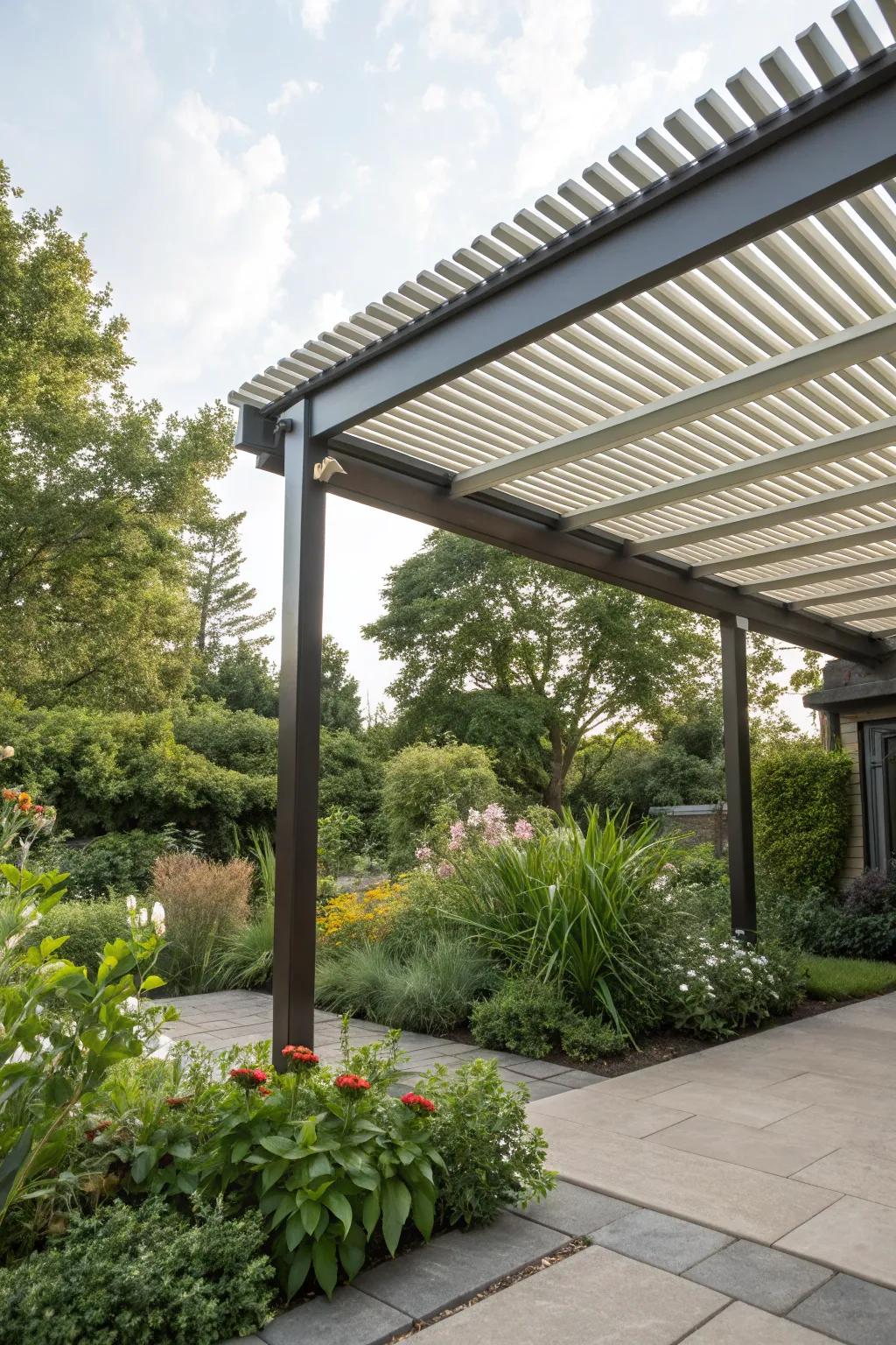 A louvered roof offers adjustable shade and ventilation.